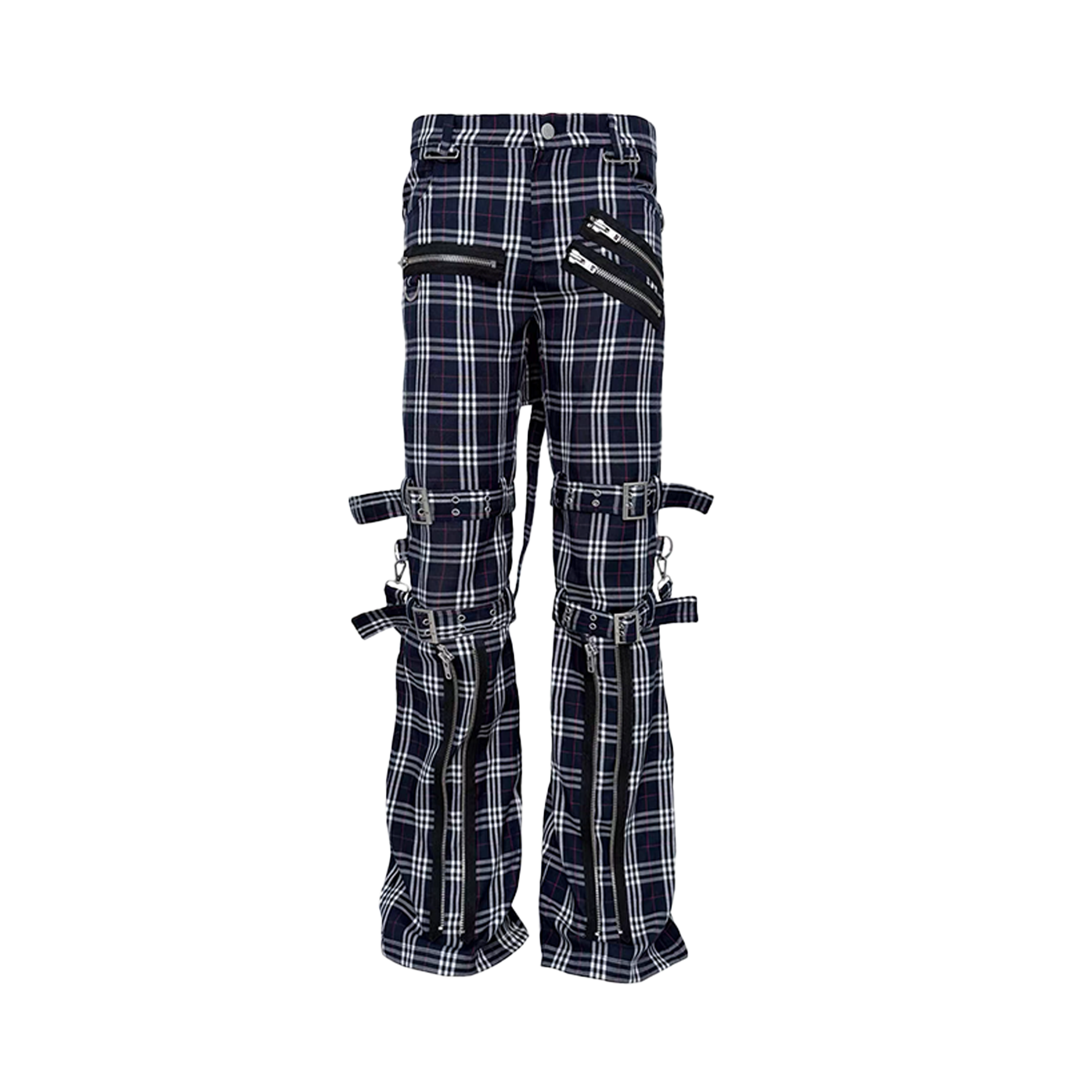 PCCVISION Detachable Skirt Panel Strap-Zip Plaid Flared Pants