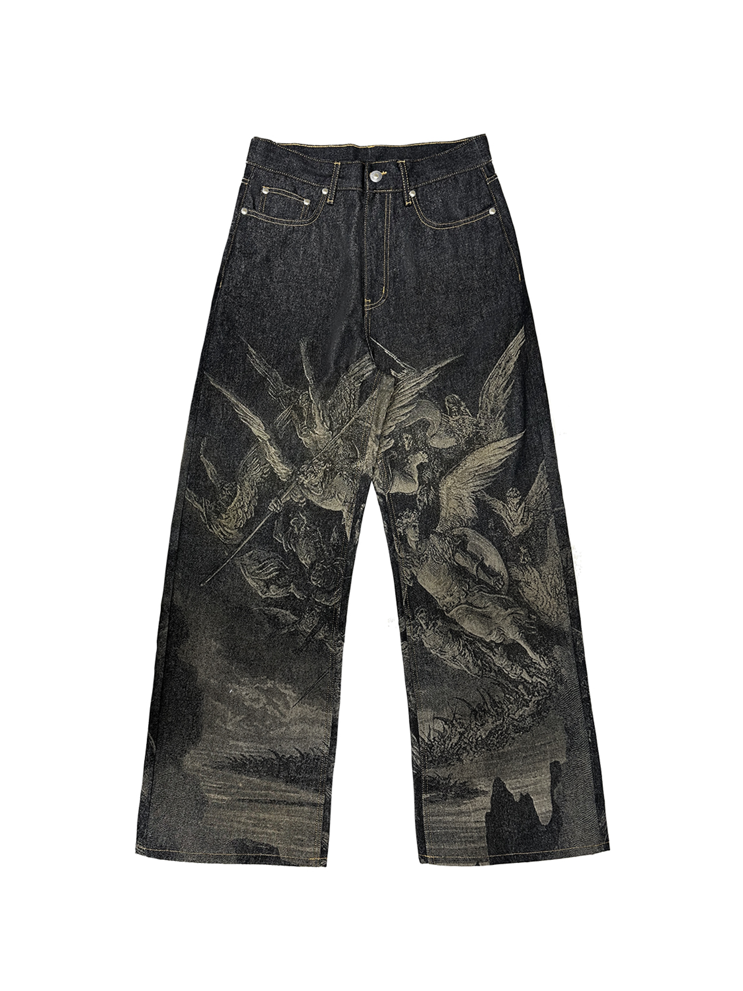 WANNA LAB Laser-Burned Studded Baggy Jeans