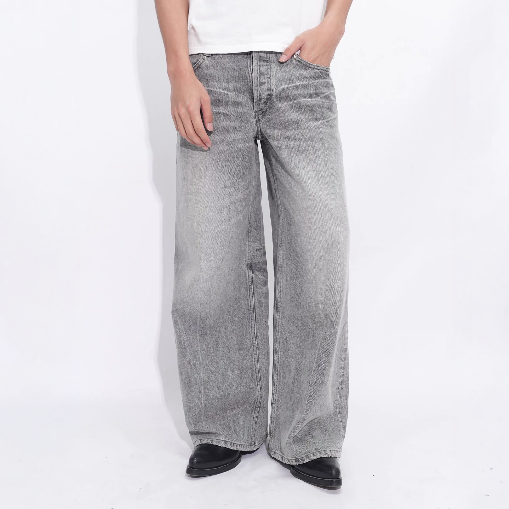 IN EXISTENCE x i Washed Lightning Fade Wide-Leg Jeans Gray, premium urban and streetwear designers apparel on PROJECTISR.com, IN EXISTENCE