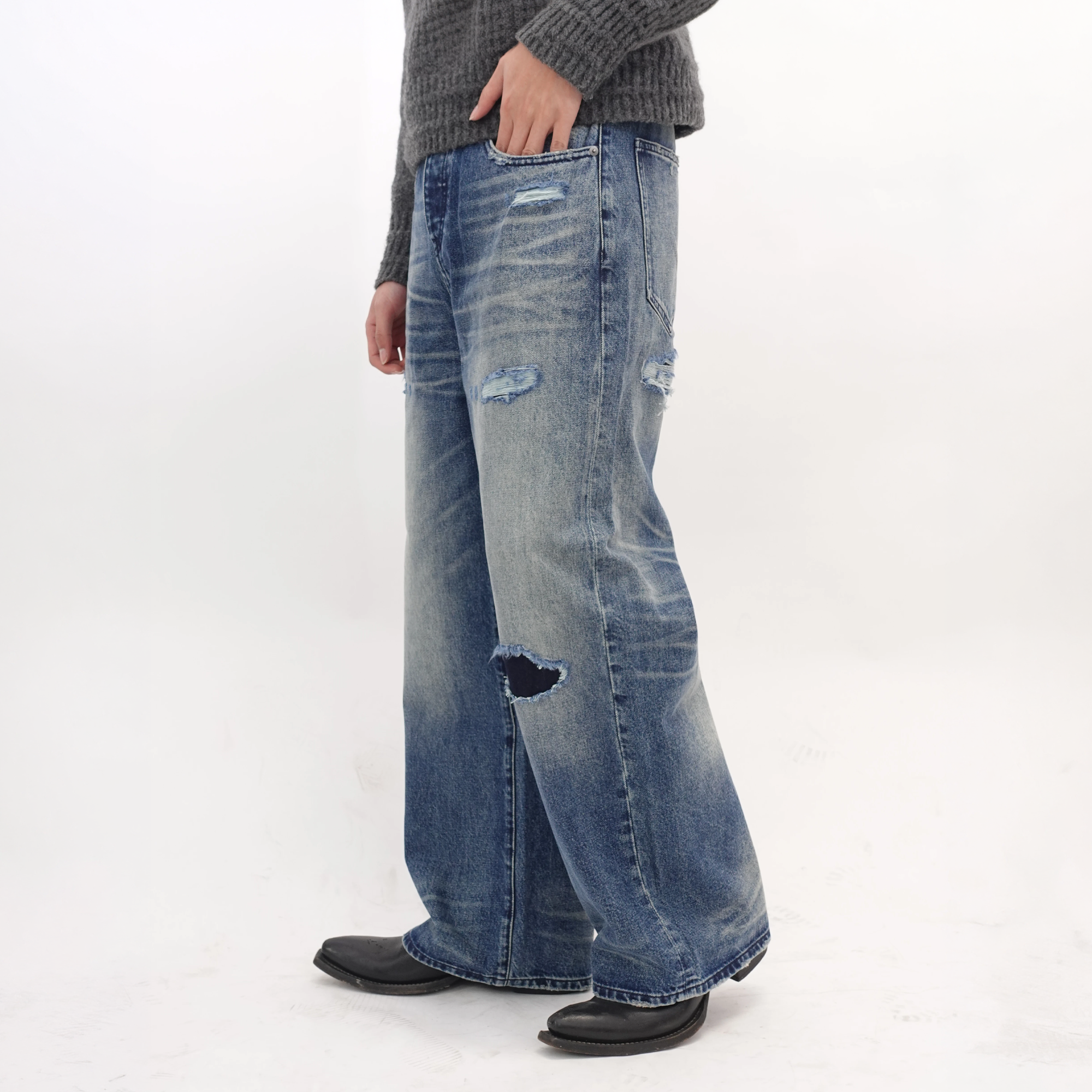 IN EXISTENCE x STM Washed Patched Distressed Straight Jeans, premium urban and streetwear designers apparel on PROJECTISR.com, IN EXISTENCE