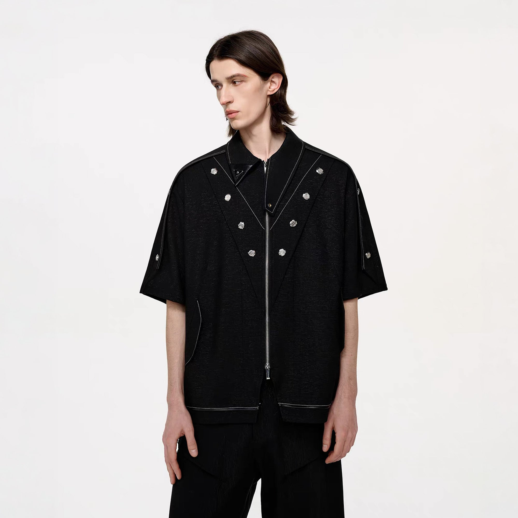 TIWILLTANG Studded Trim Zip-Up Half Shirt, premium urban and streetwear designers apparel on PROJECTISR.com, TIWILLTANG