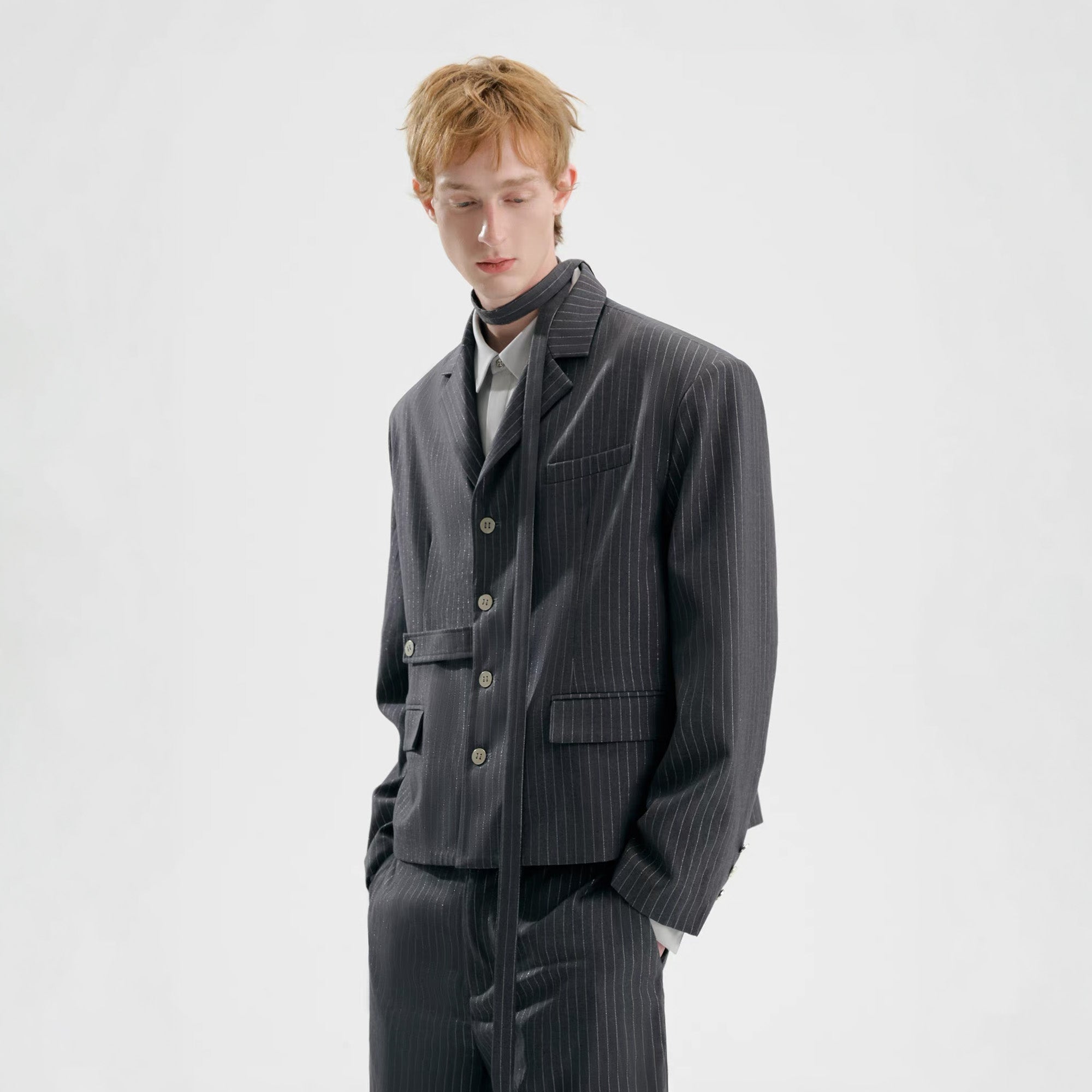 TIWILLTANG Cropped Pinstripe Strap Blazer, premium urban and streetwear designers apparel on PROJECTISR.com, TIWILLTANG