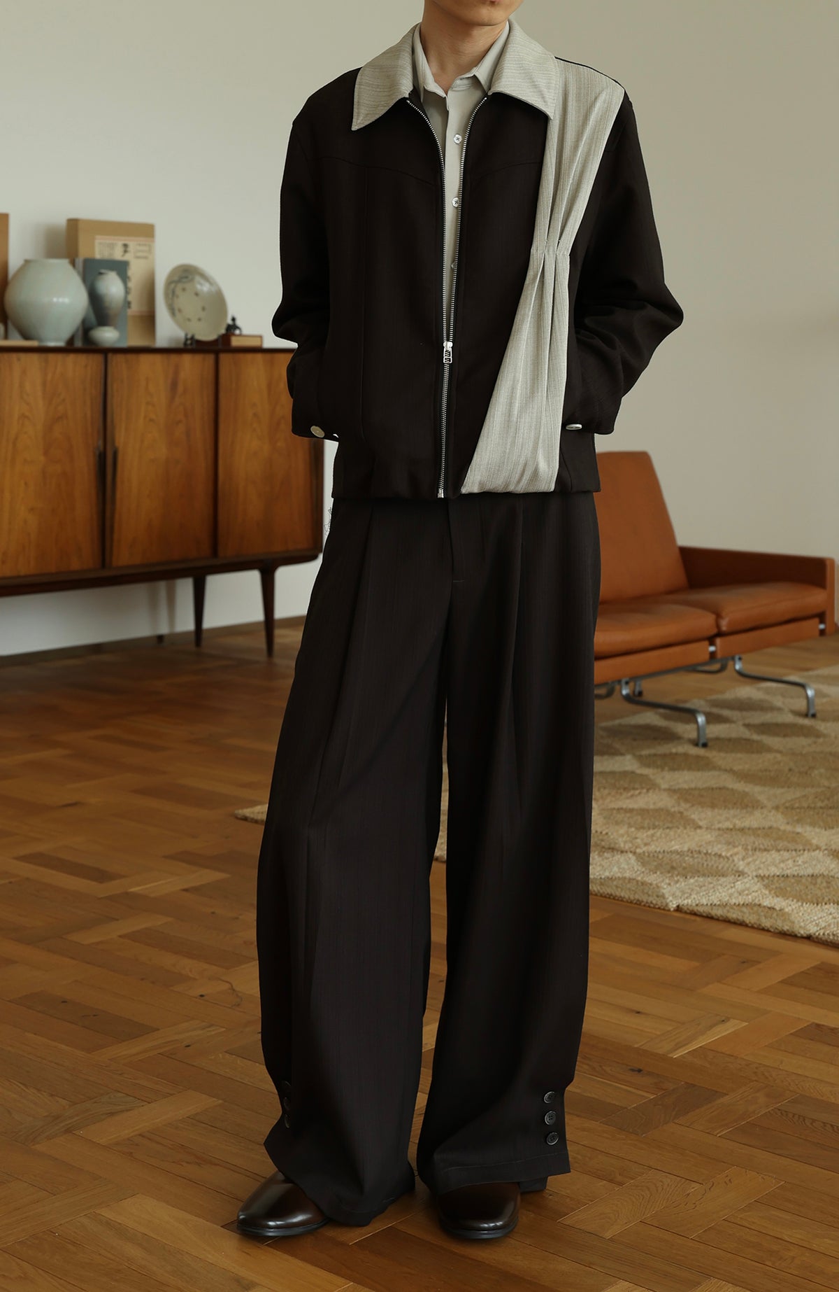 OKAYTHXBYE Deconstructed Spliced Textured Stripe Short Jacket