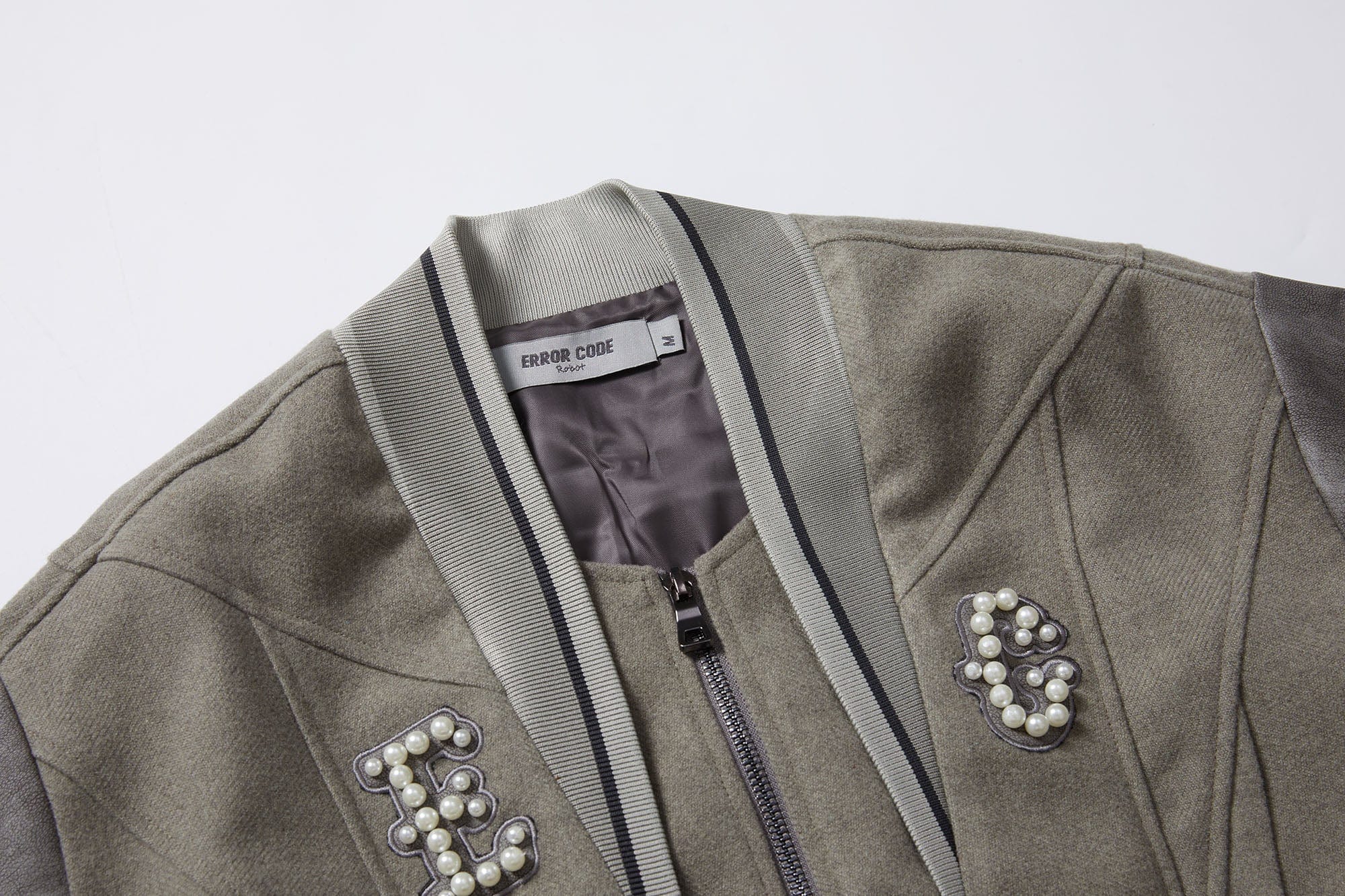 ERROR CODE ROBOT Pearl Embellished Paneled Varsity Jacket, premium urban and streetwear designers apparel on PROJECTISR.com, ERROR CODE ROBOT