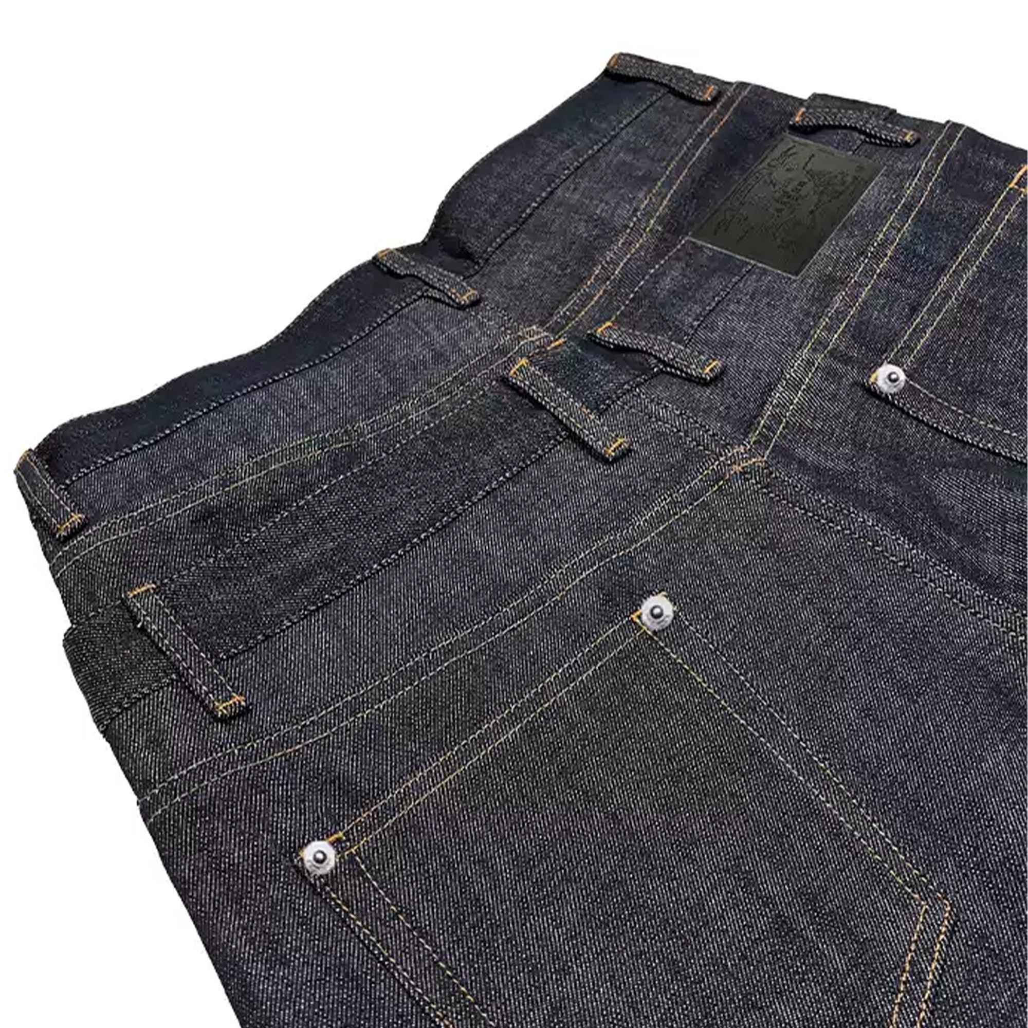 WANNA LAB Studded Double-Waistband Raw Denim Jeans