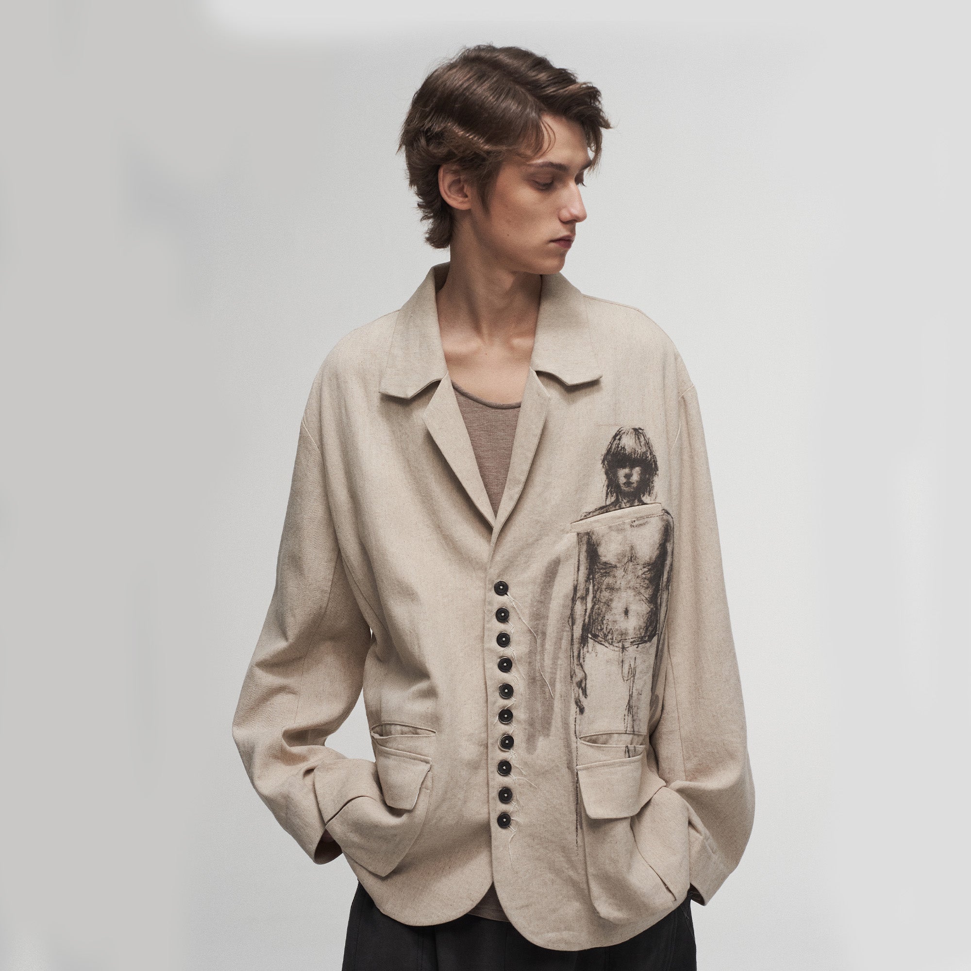 ILNya Nieternite Nifutur Ink Portrait Cotton-Linen Jacket, premium urban and streetwear designers apparel on PROJECTISR.com, ILNya Nieternite Nifutur