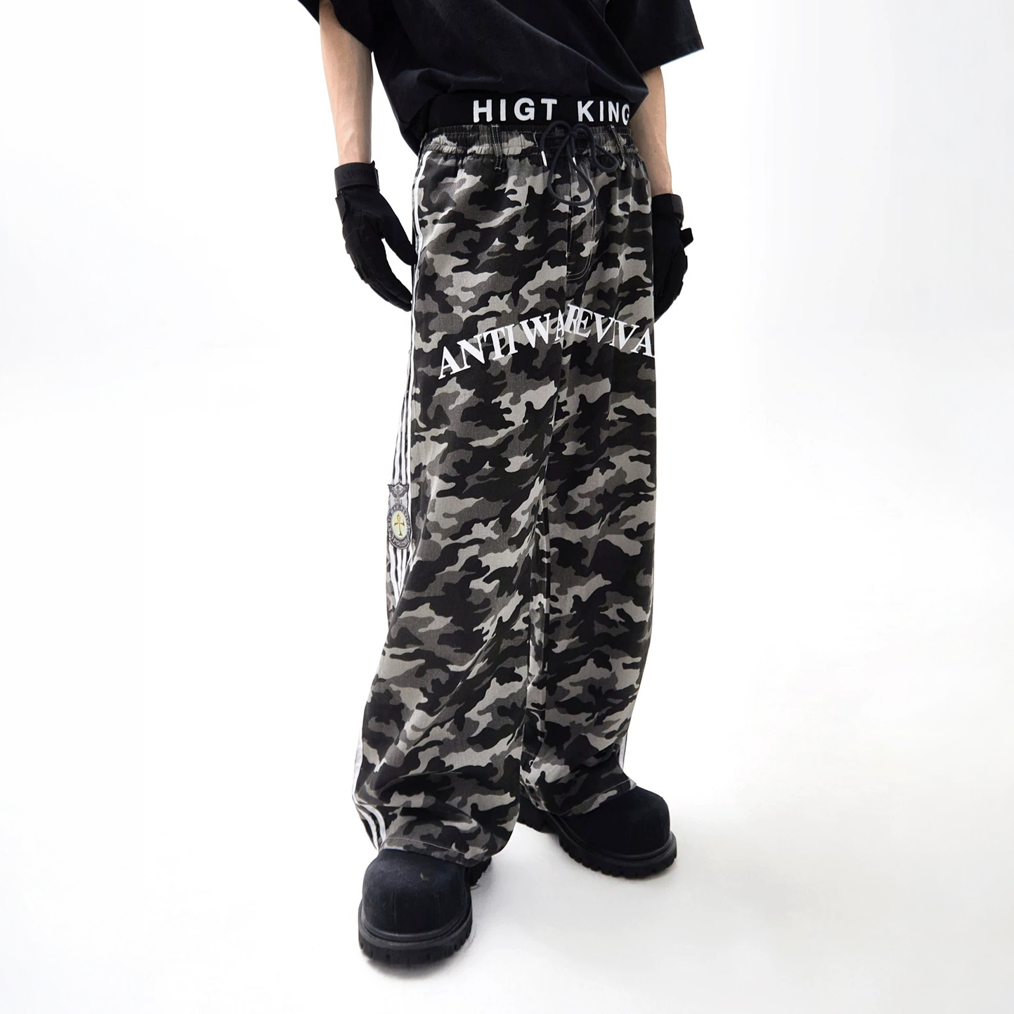ANTI WAR REVIVAL Camo Spliced Embroidered Badge Wide-Leg Pants