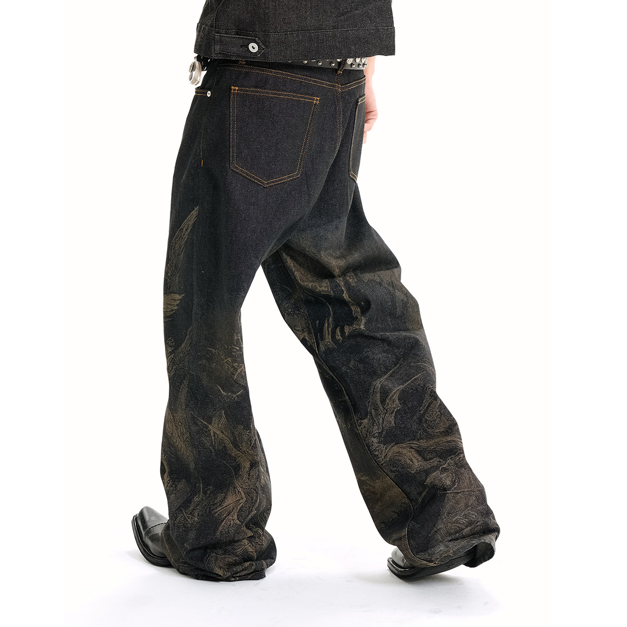 WANNA LAB Laser-Burned Studded Baggy Jeans