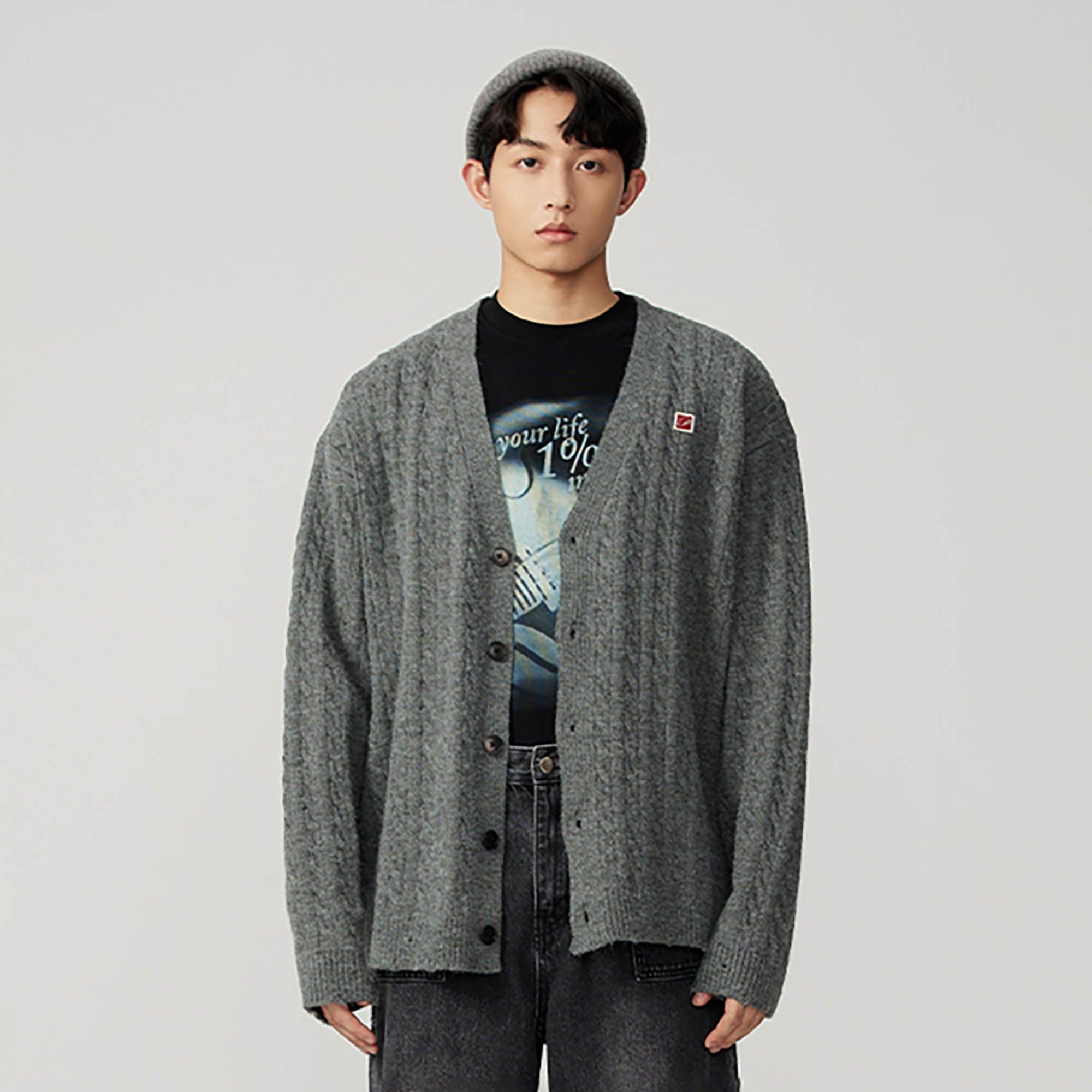 OPICLOTH Cable-Knit V-Neck Button-Up Cardigan