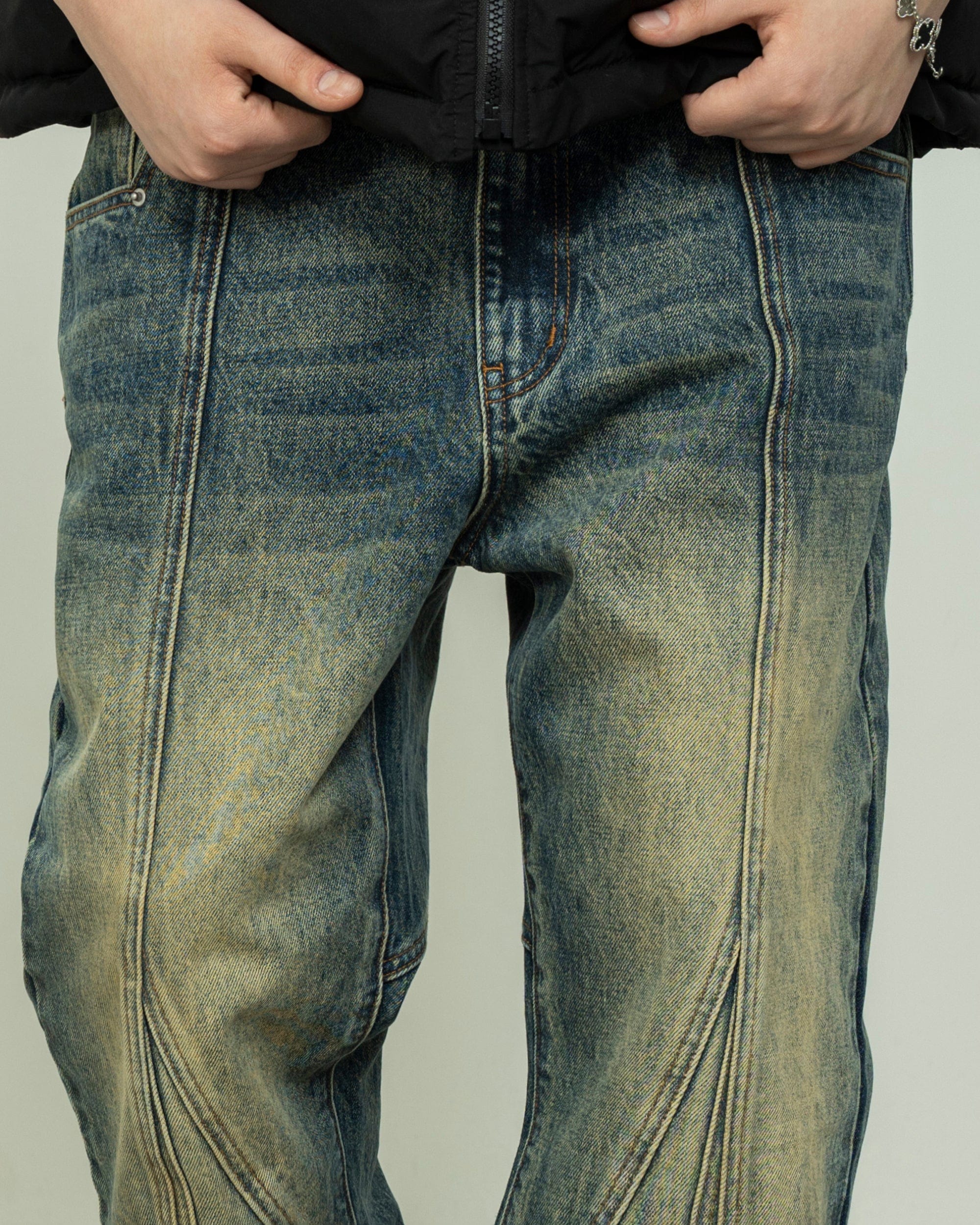 MAKEMORE Deconstructed Washed Rivet Jeans