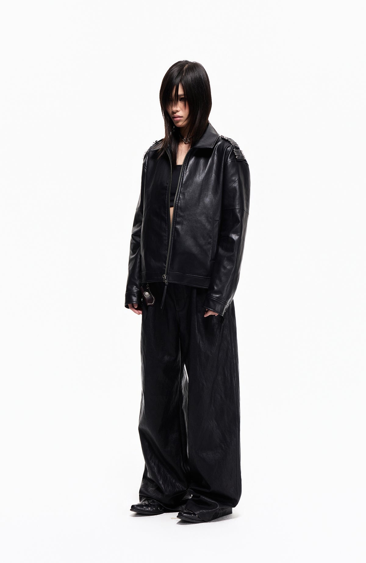2000RSK Pin-Shoulder Faux Leather Biker Jacket