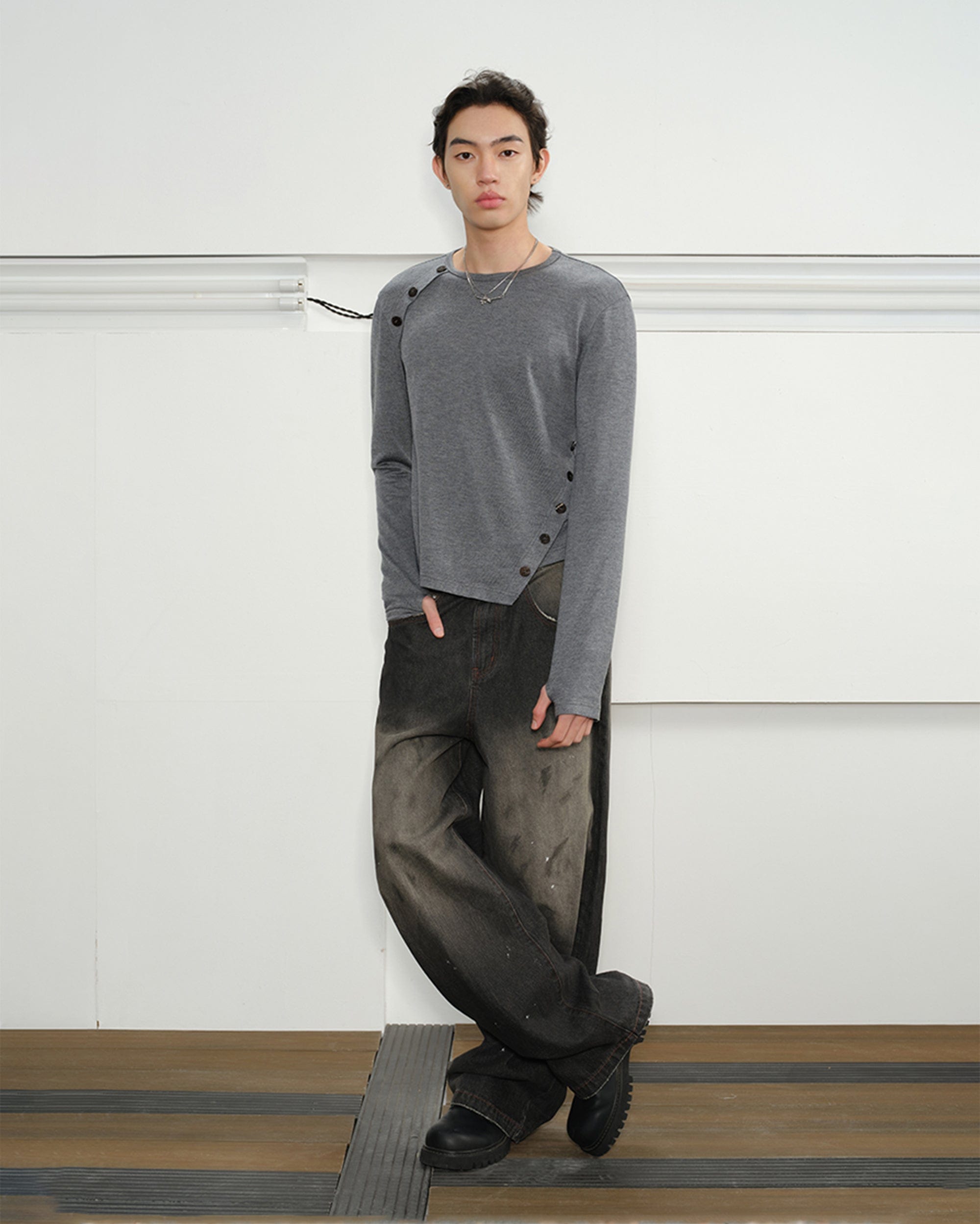 KREATE Deconstructed Asymmetrical Buttoned Long-Sleeve Tee