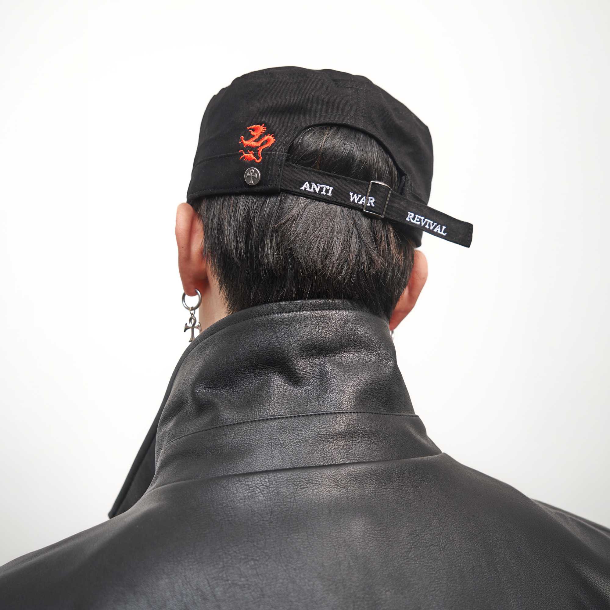 ANTI WAR REVIVAL Embroidered Cross Studded Flat-Top Cap