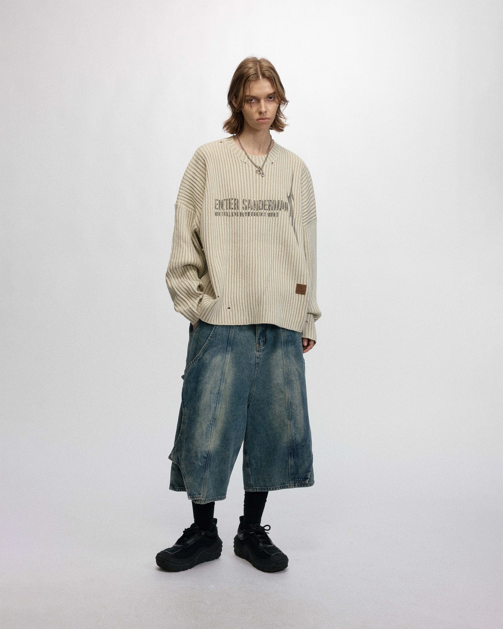 OVDY Faded Ripped Slogan Raw Edge Sweater