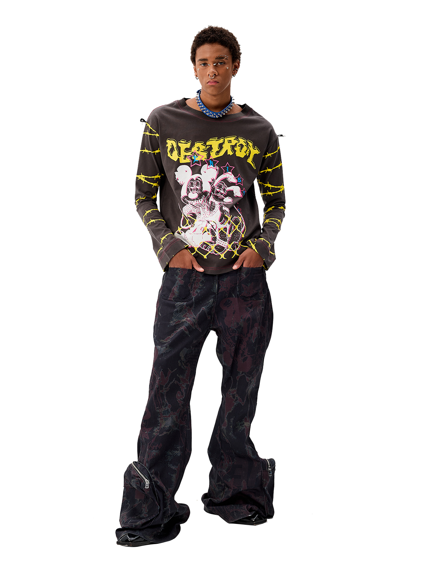 CYCYCY Punk Cartoon Mouse Graphic Long-Sleeve Tee
