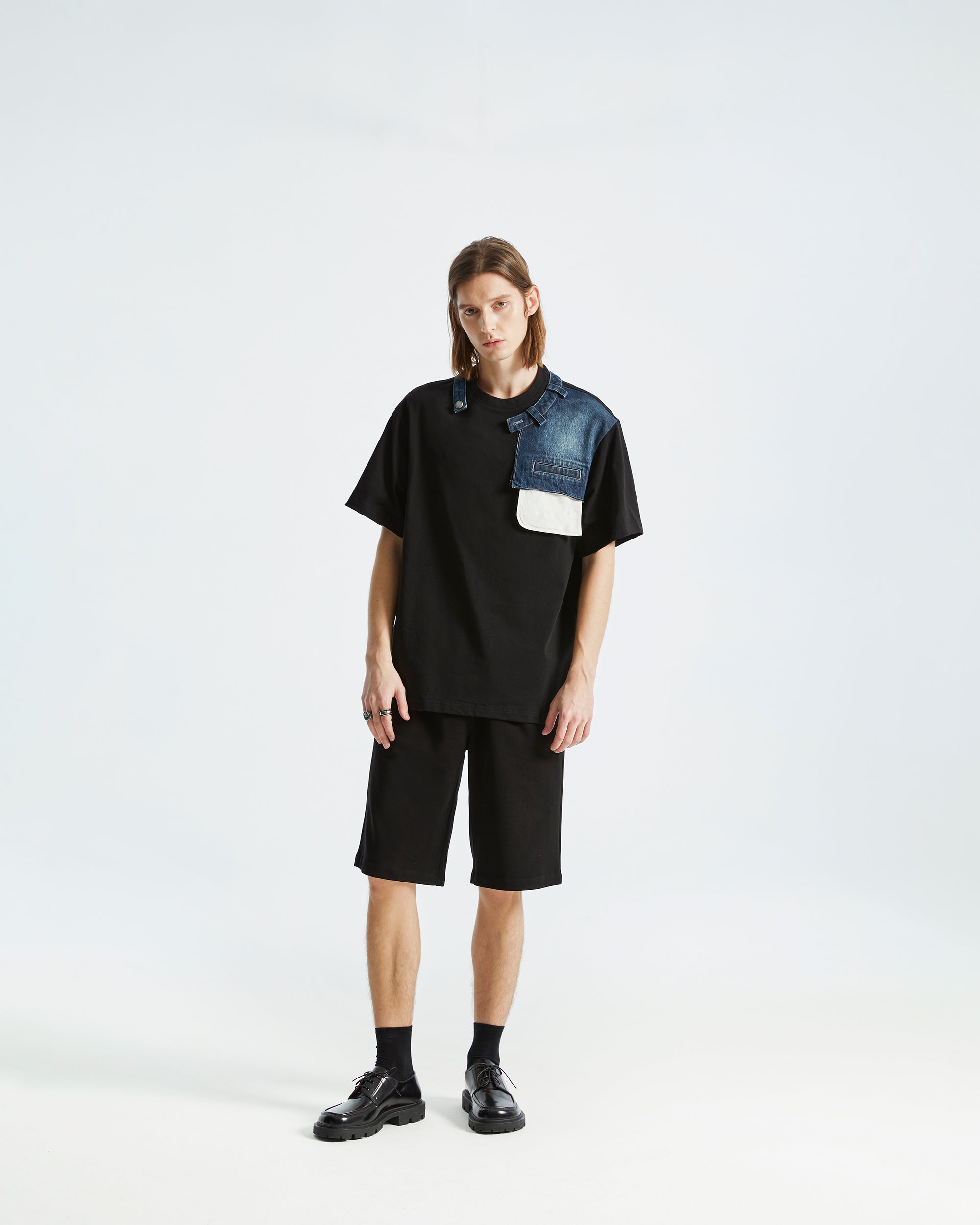 ORGANIC EMOTION Deconstructed Denim Shorts Spliced T-Shirt