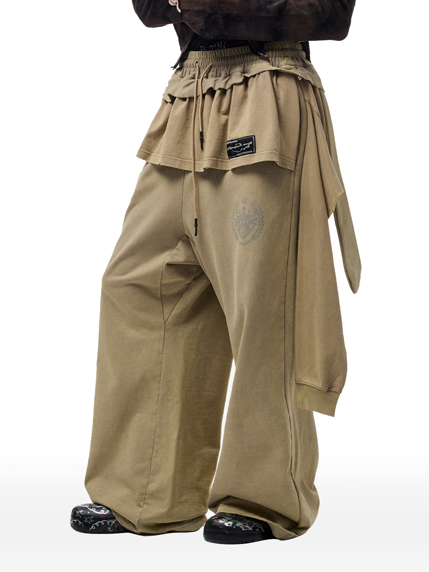 CYCYCY Layered Raw Edge Wide-Leg Sweatpants Khaki