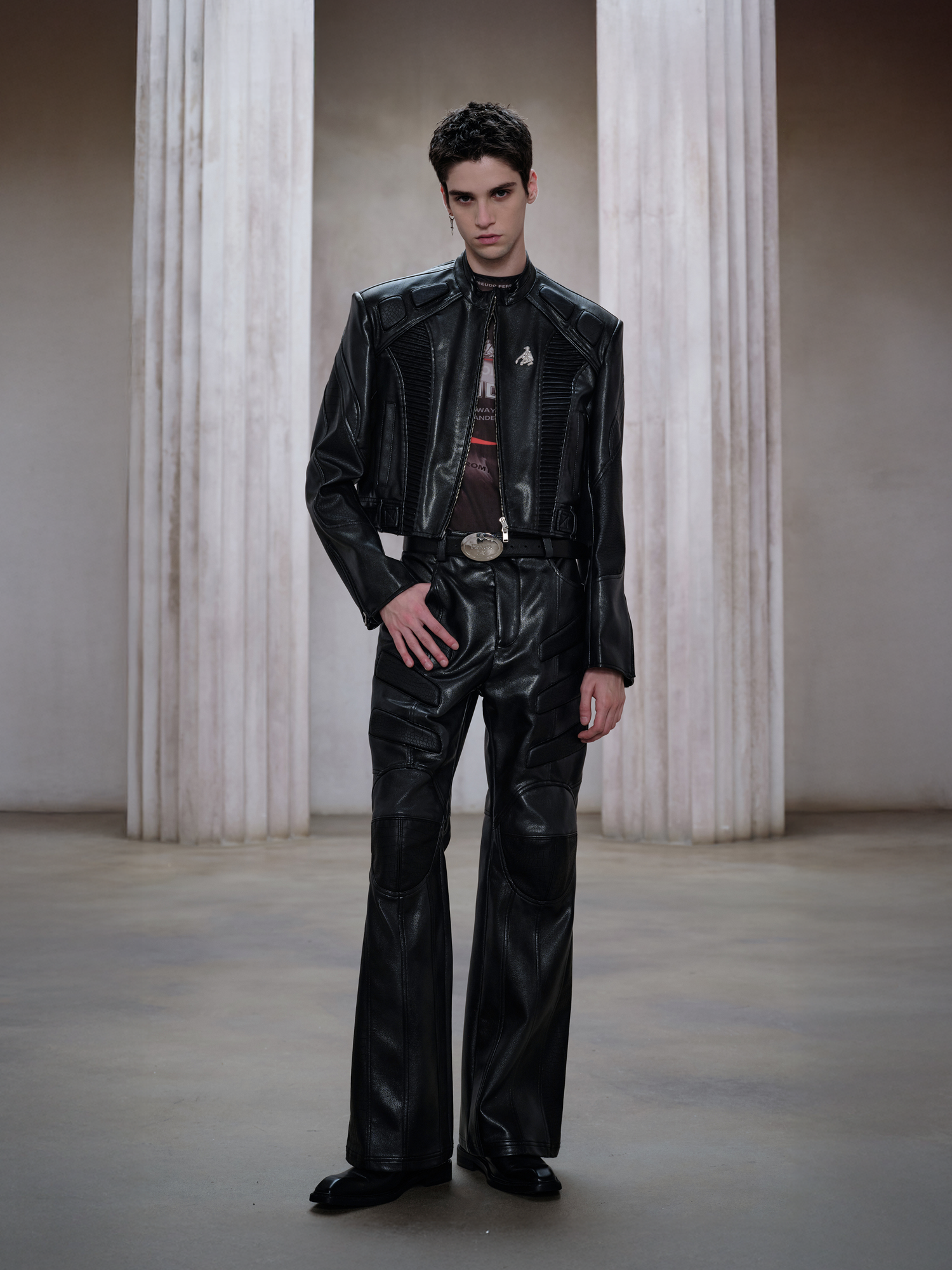 FACEONLAB Panel Armored Faux Leather Biker Pants Black, premium urban and streetwear designers apparel on PROJECTISR.com, FACEONLAB