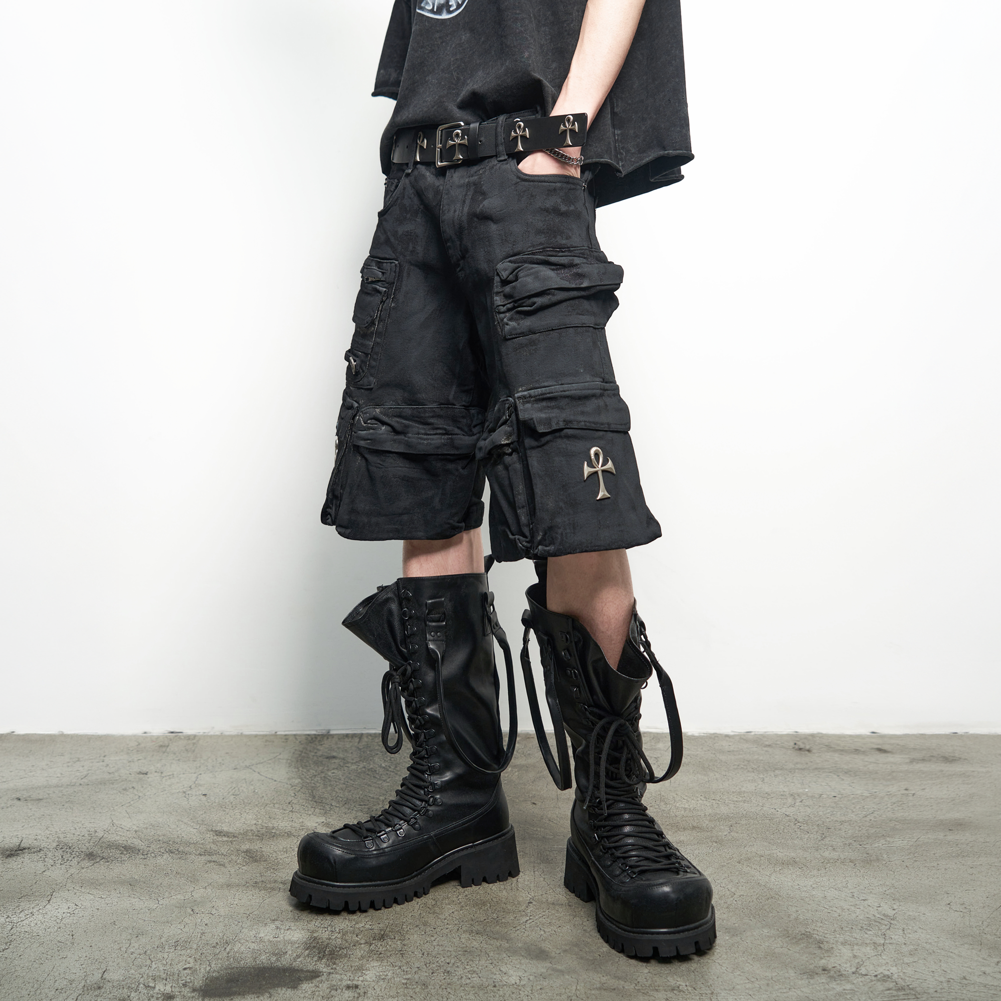 ANTI WAR REVIVAL Wax-Coated Multi-Pocket Denim Shorts