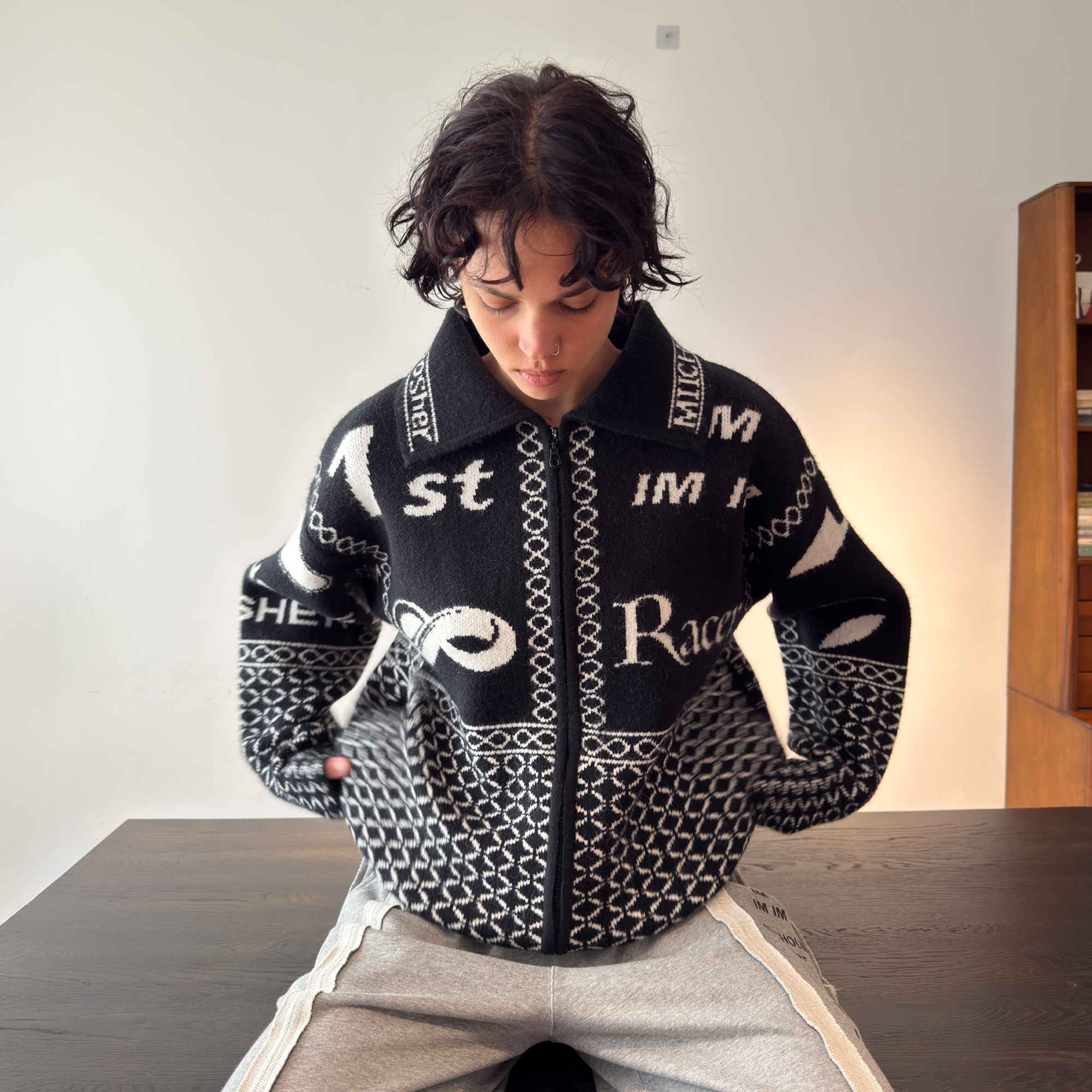 MIICHOUS Racer Geometric Jacquard Zip-Up Cardigan