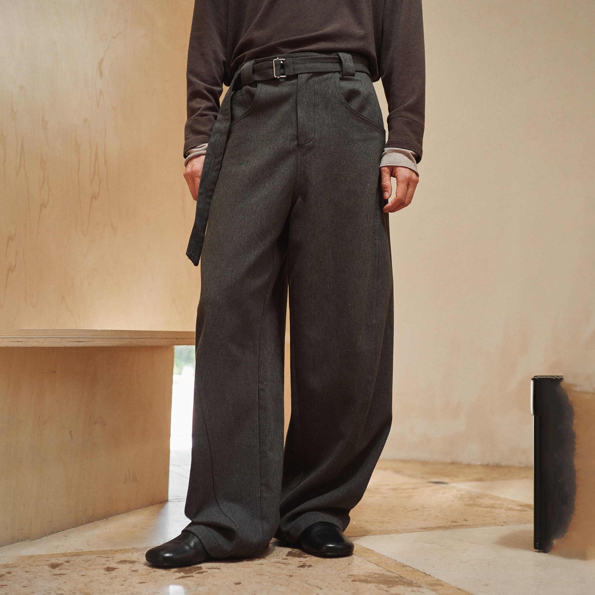GONGHE REPUB Brushed Detachable Belt Wide-Leg Pants