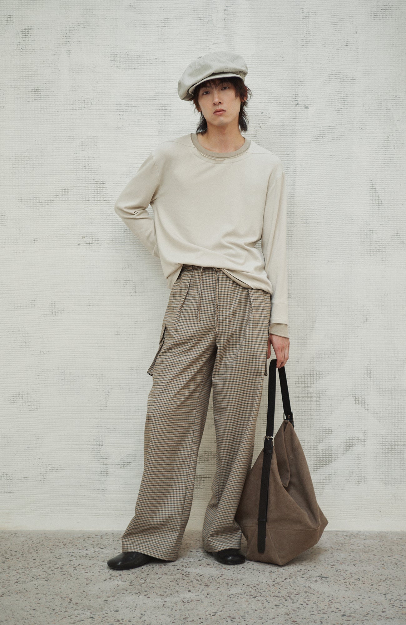 GONGHE REPUB Modern Pleated Checkered Wide-Leg Trousers