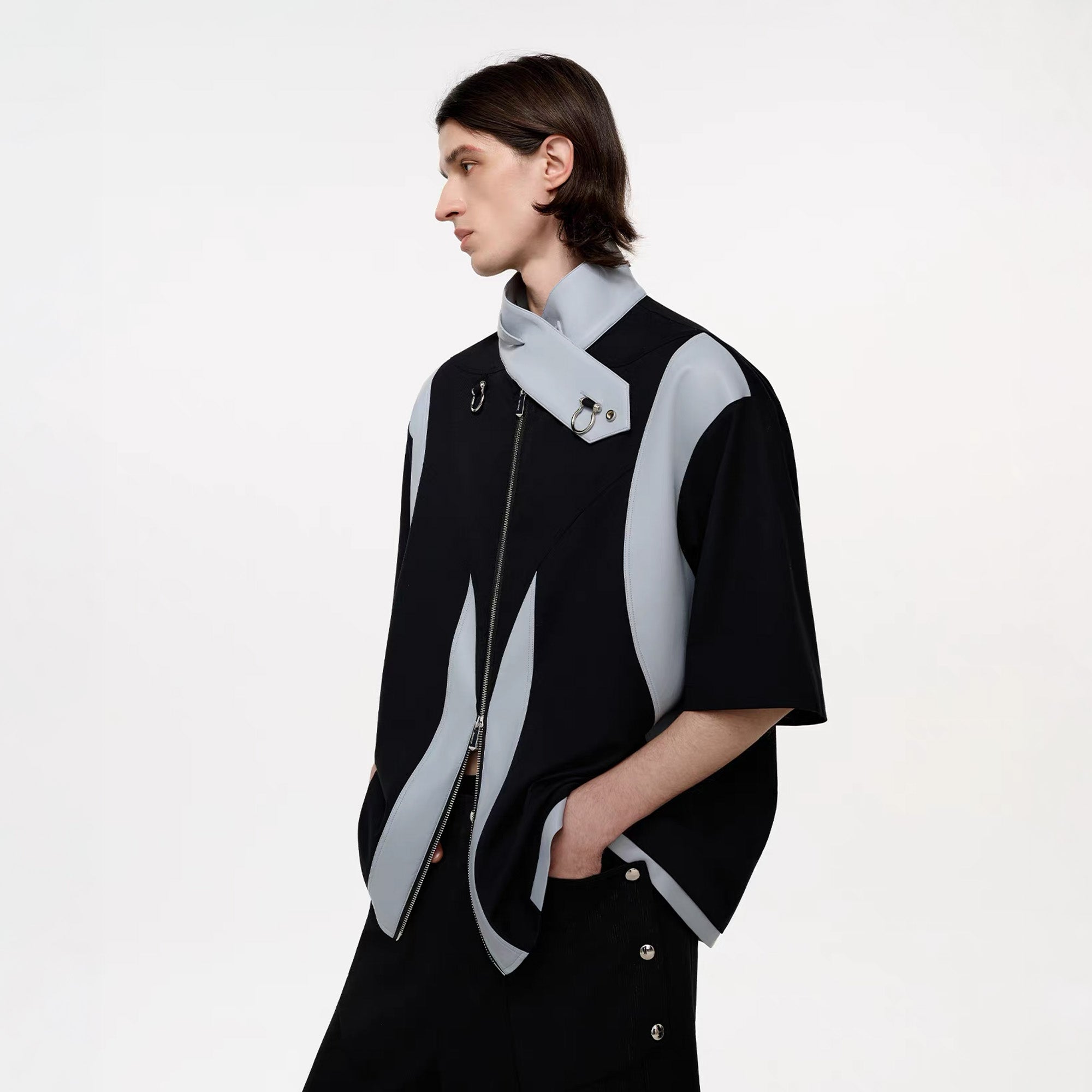 TIWILLTANG Layered-Collar Contrast-Panel Zip-Up Half Shirt, premium urban and streetwear designers apparel on PROJECTISR.com, TIWILLTANG