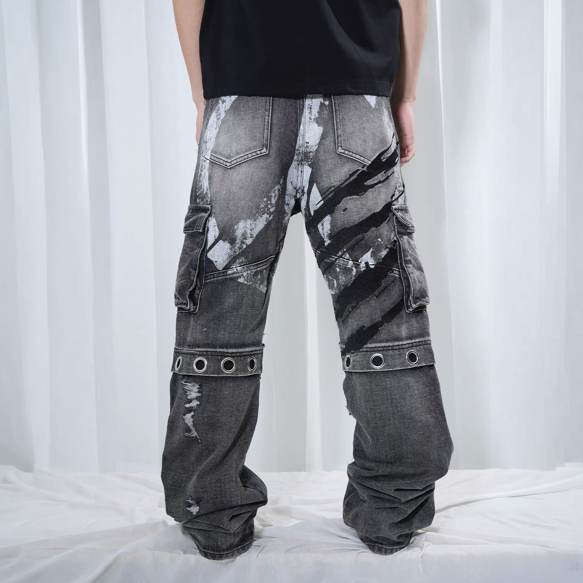 VINKID Distressed Grommet Strap Flared Jeans, premium urban and streetwear designers apparel on PROJECTISR.com, VINKID