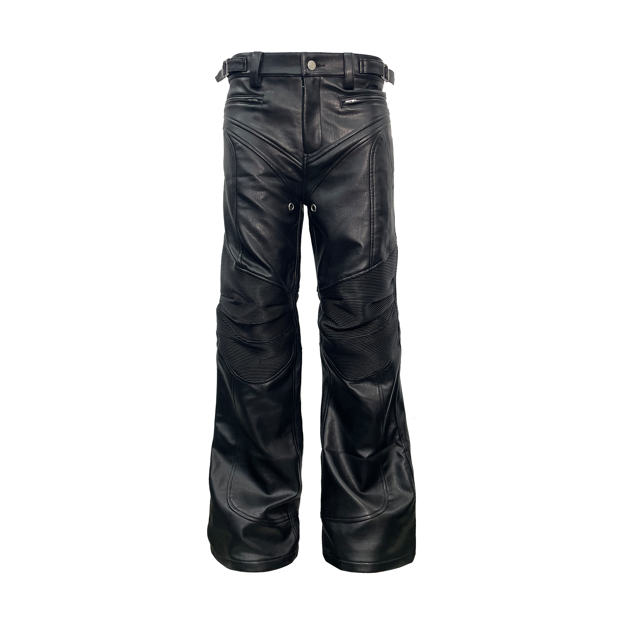 PCCVISION Pleated Knee Flare Faux Leather Pants