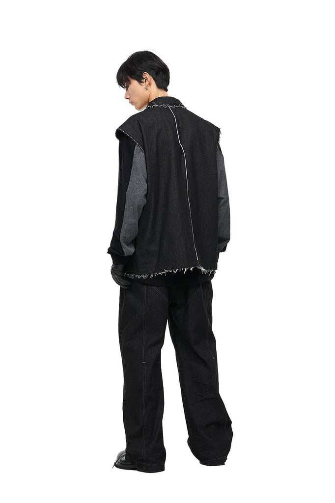 RELABEL Asymmetrical Crinkled Raw-Edge Denim Vest, premium urban and streetwear designers apparel on PROJECTISR.com, RELABEL