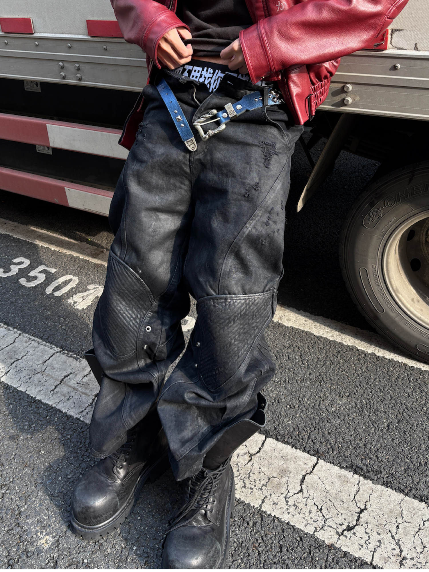 TH4SWE x GOJOYJINNI Washed Waxed Armor Moto Jeans