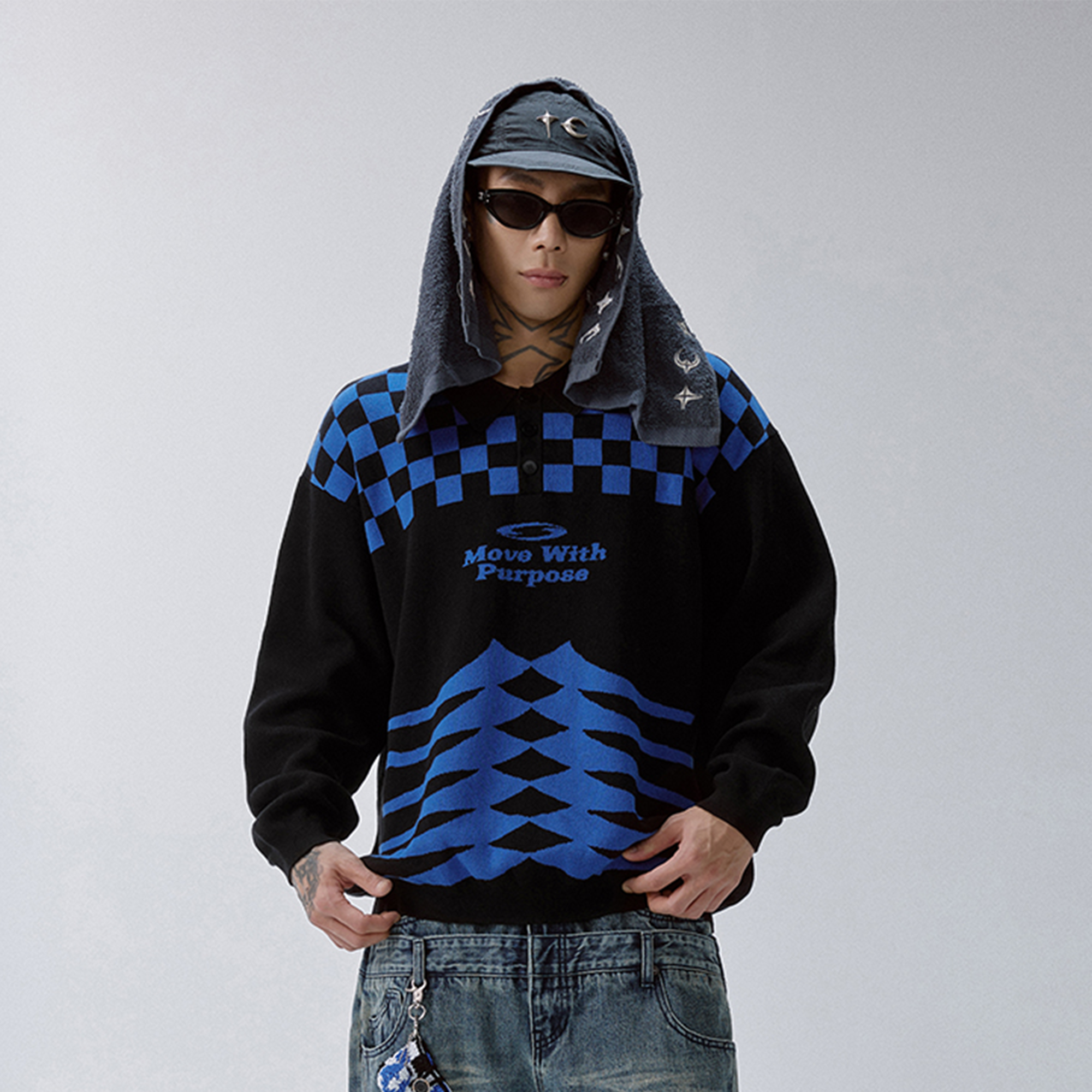 F2CE Slogan Contrast Checkerboard Jacquard Knit Polo