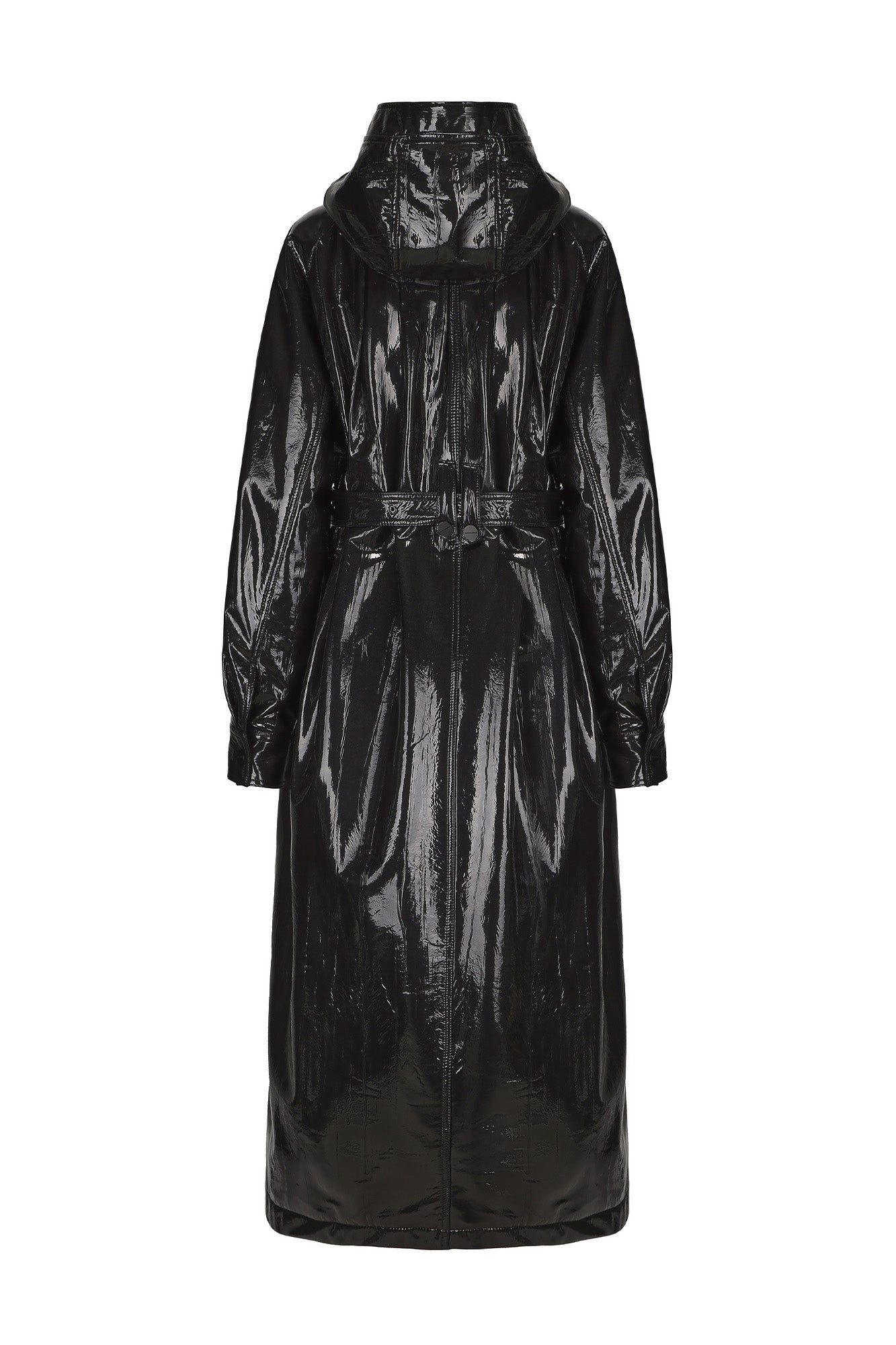 VANN VALRENCE Glossy Belted Hooded Padded Long Coat