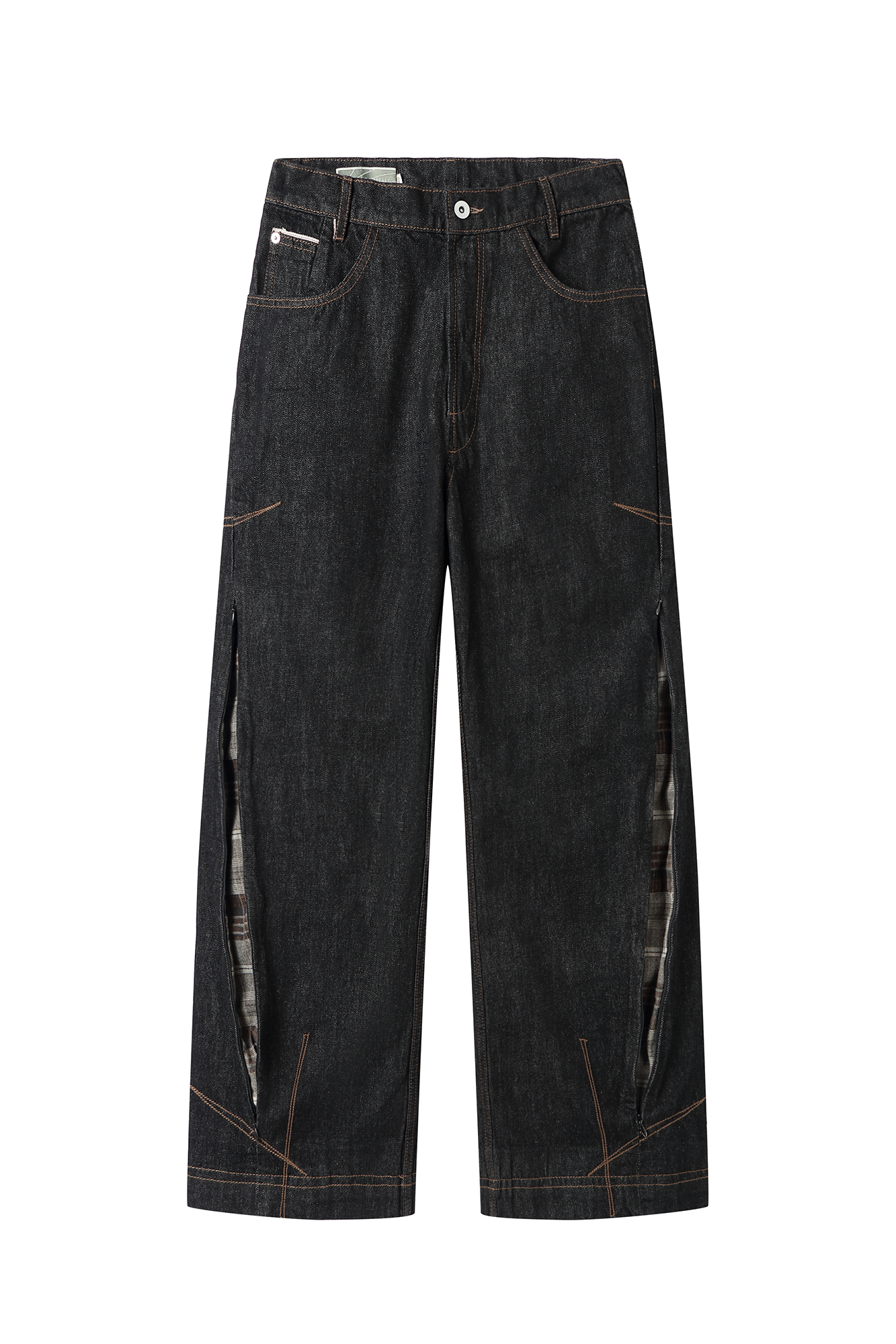 MOITIEDEPETALE Plaid-Inset Wide-Leg Selvedge Jeans