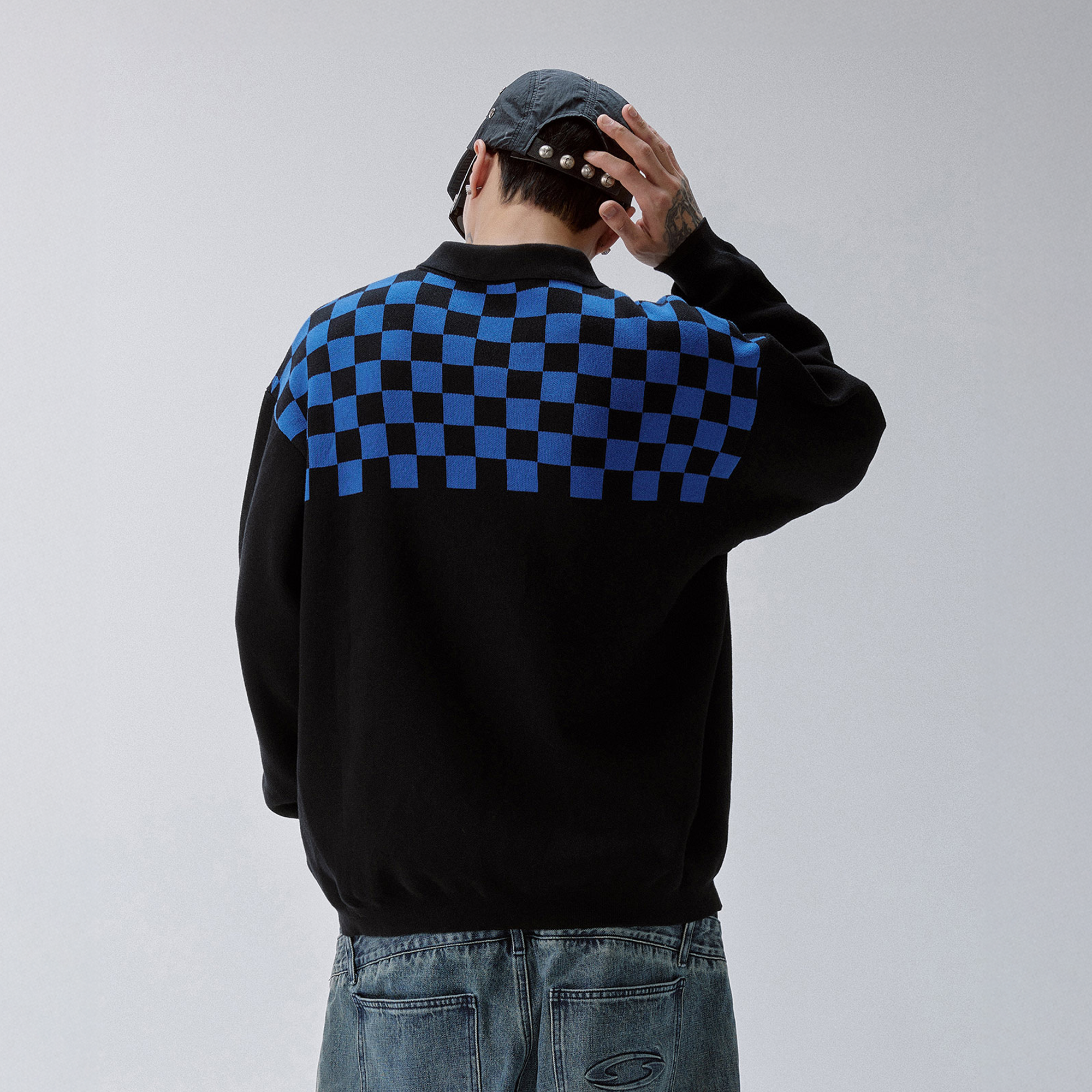F2CE Slogan Contrast Checkerboard Jacquard Knit Polo