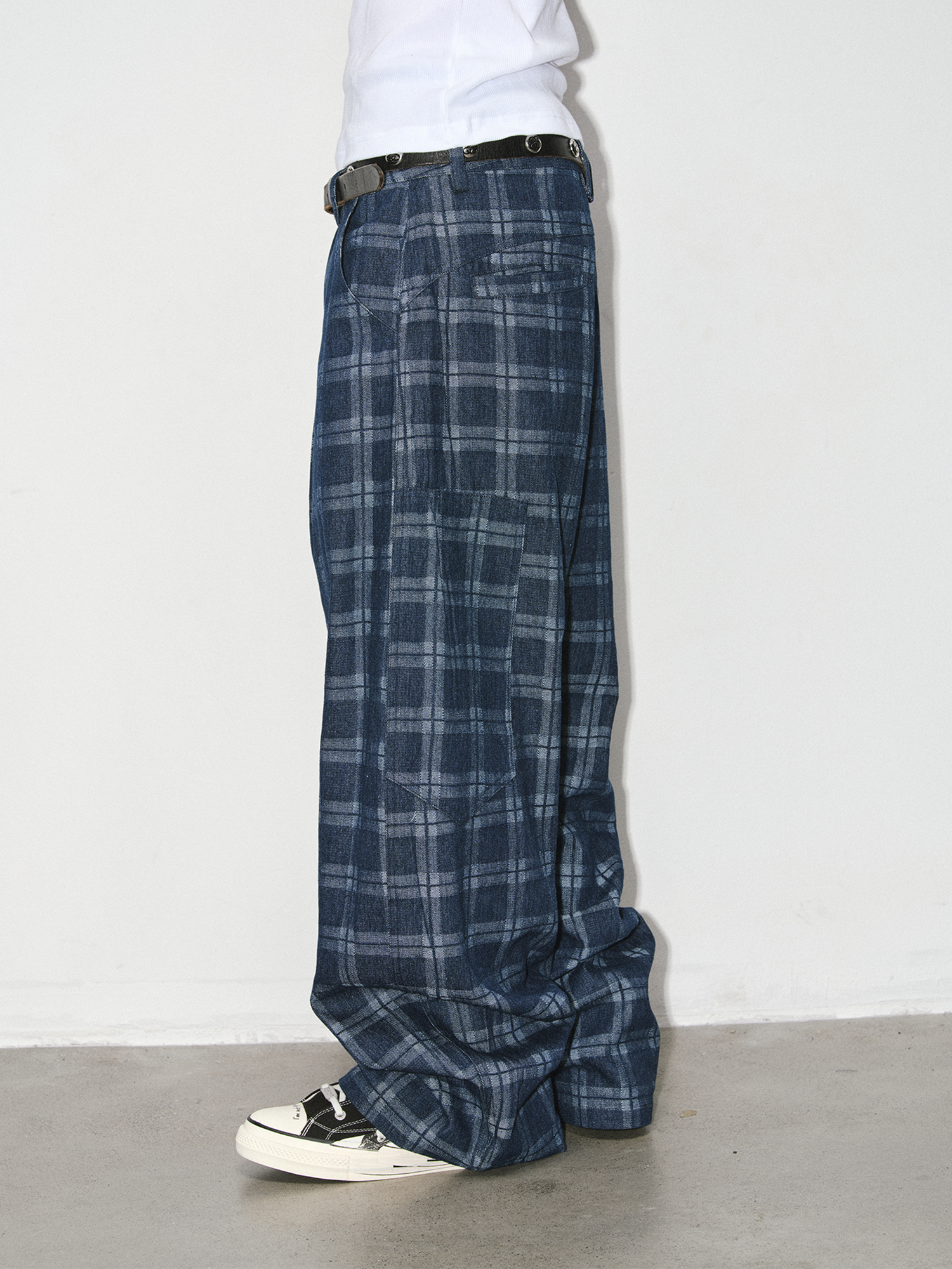 NOVACAM Retro Plaid Wide-Leg Jeans