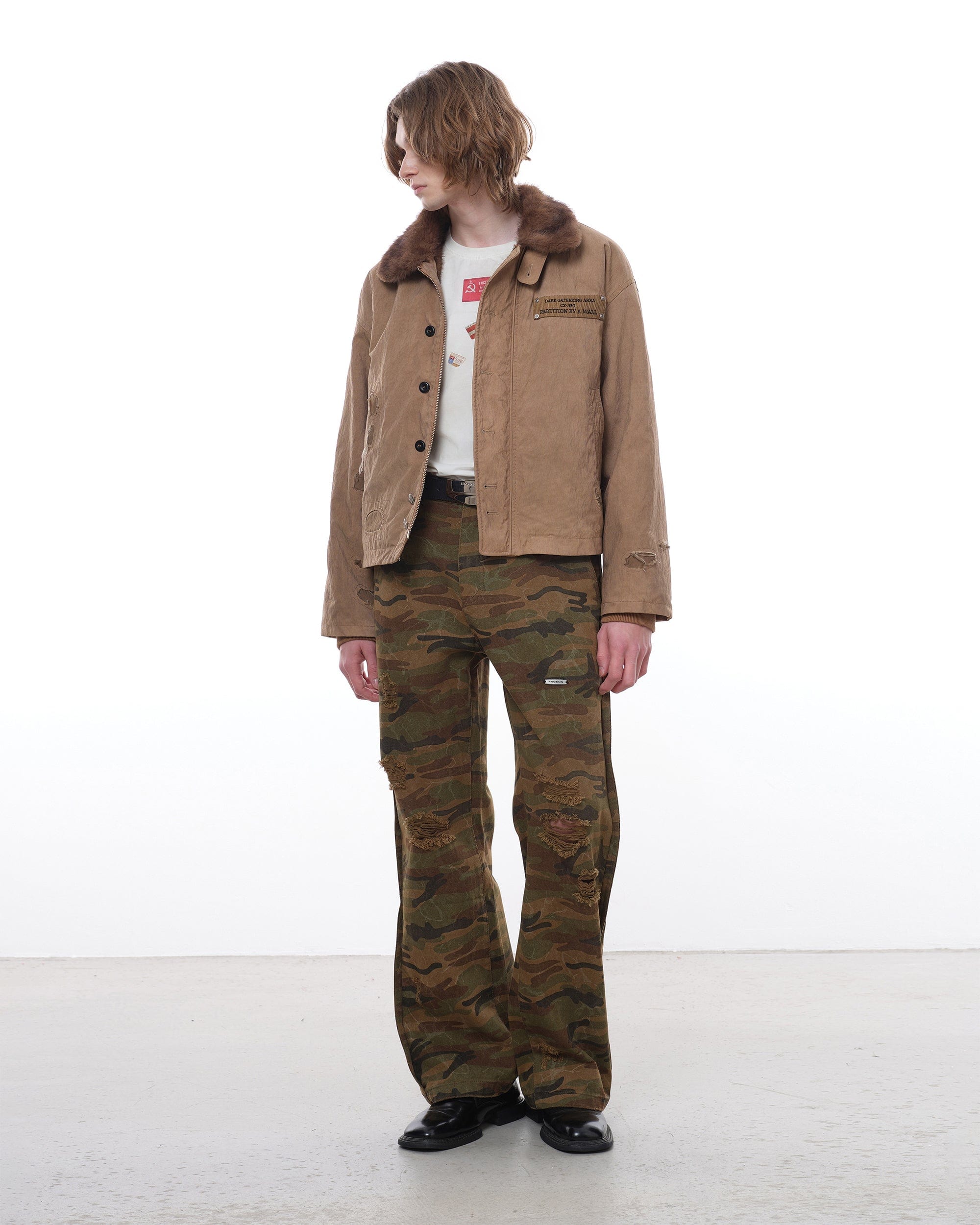 FACEONLAB Distressed Reversible Fuzzy N1 Military Jacket Khaki