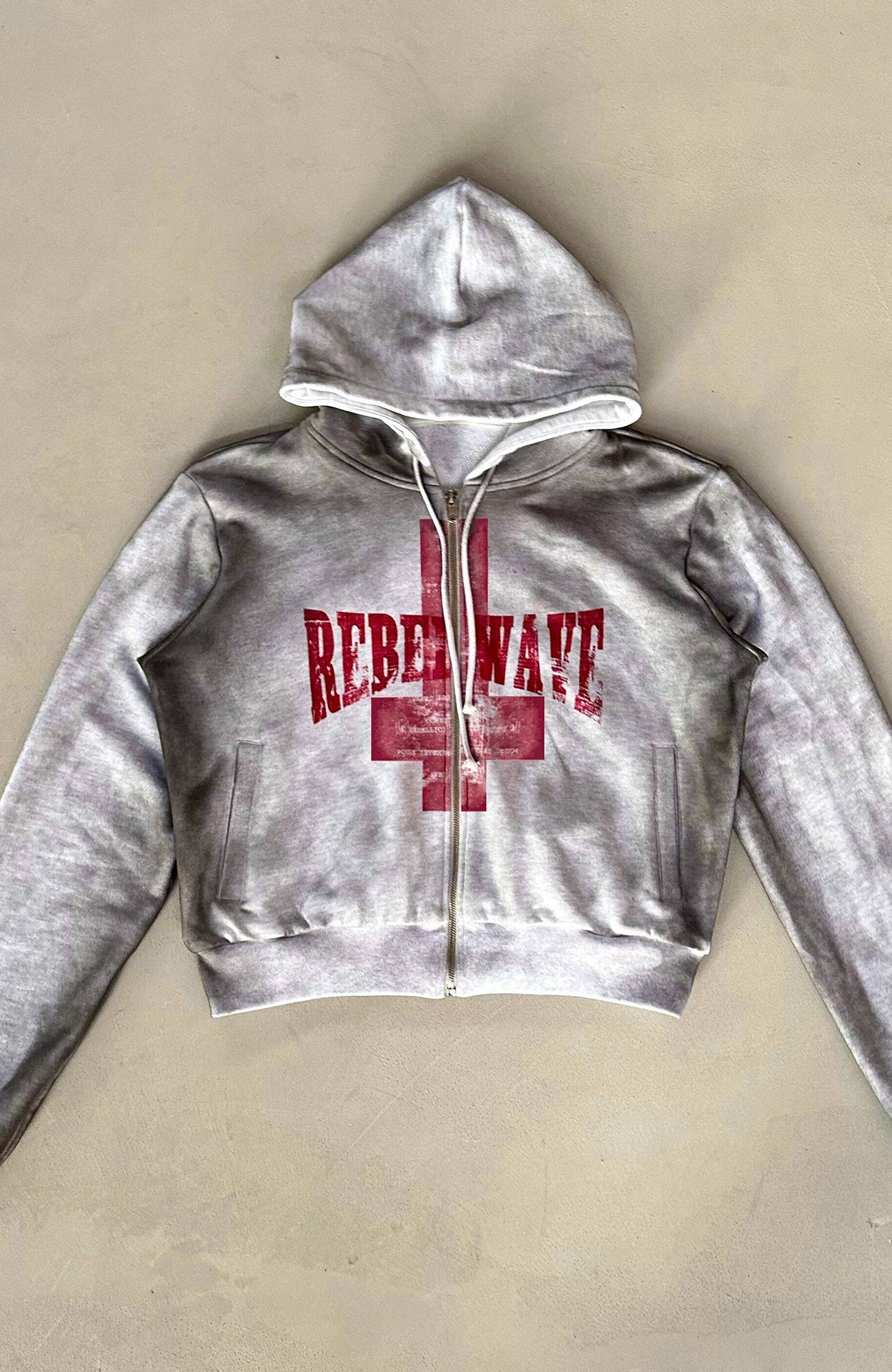 REBEL WAVE Dirty Wash Cross Graphic Zip-Up Hoodie
