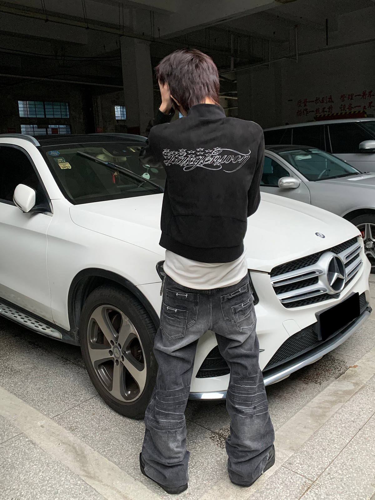 SAXGENWON Embroidered Spliced Suede Stand-Collar Jacket