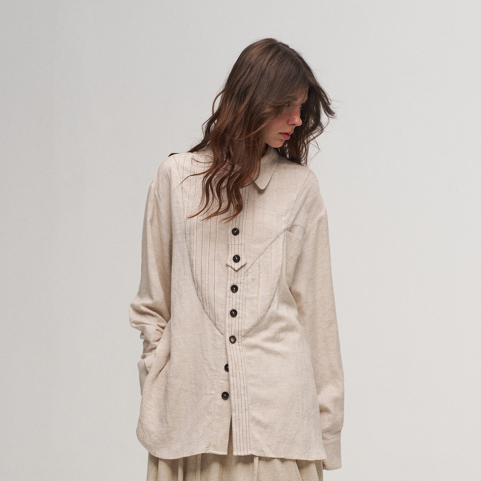 ILNya Nieternite Nifutur Shield Panel Pleated Cotton-Linen Shirt, premium urban and streetwear designers apparel on PROJECTISR.com, ILNya Nieternite Nifutur