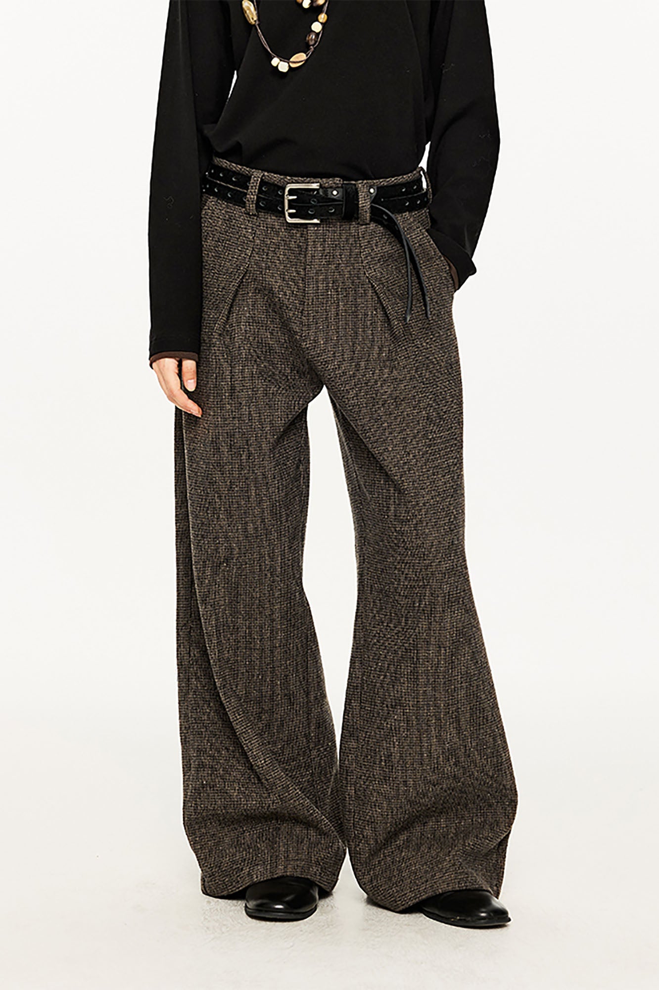 KREATE Mini Houndstooth Pleated Wide-Leg Trousers, premium urban and streetwear designers apparel on PROJECTISR.com, KREATE