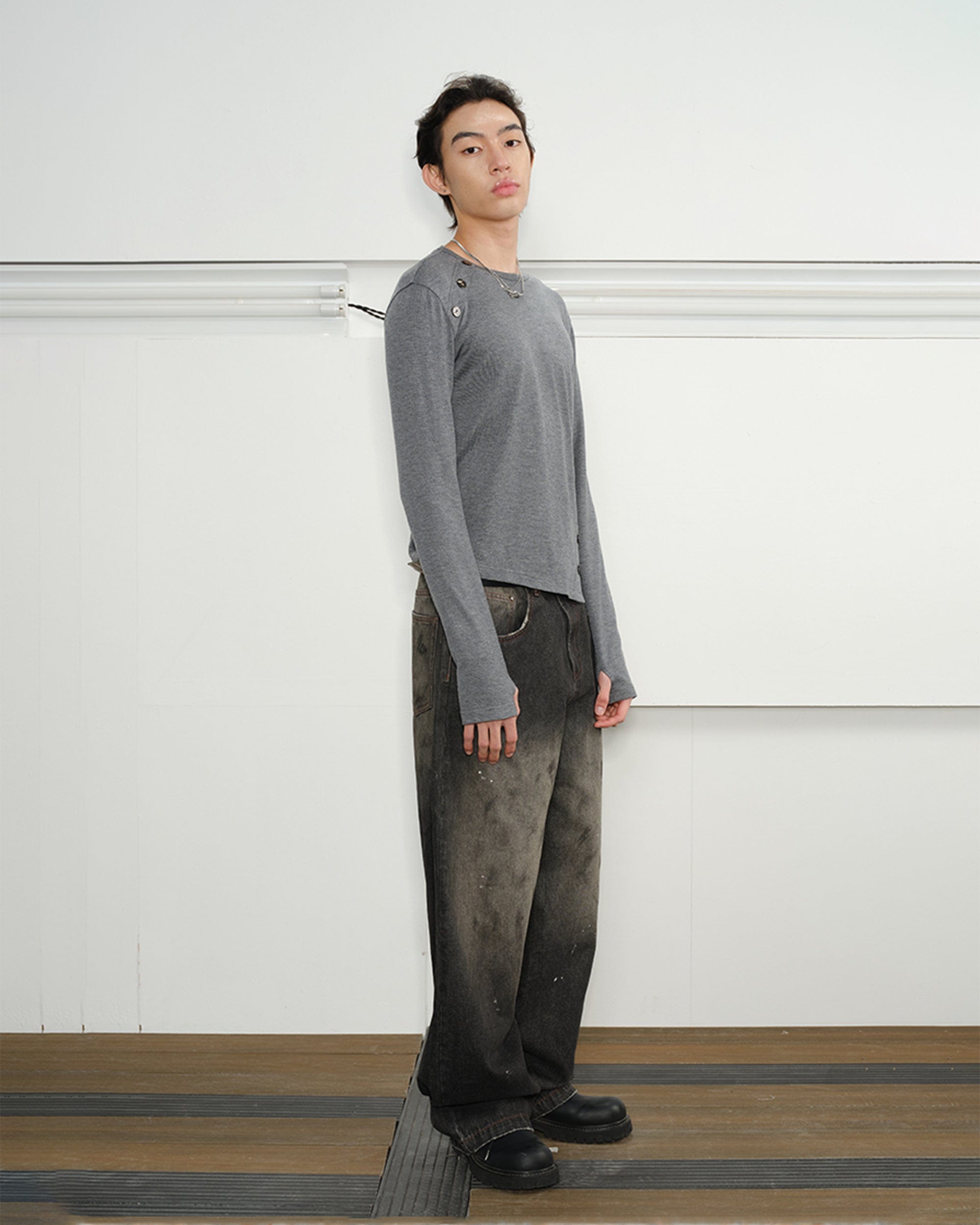 KREATE Deconstructed Asymmetrical Buttoned Long-Sleeve Tee