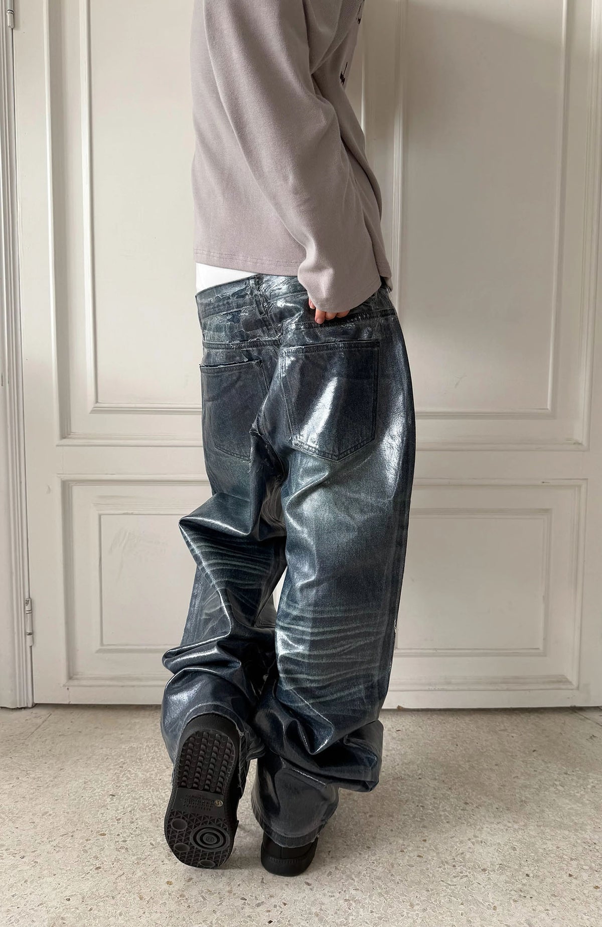 REBEL WAVE Frayed Raw-Edge Wax-Coated Flared Jeans