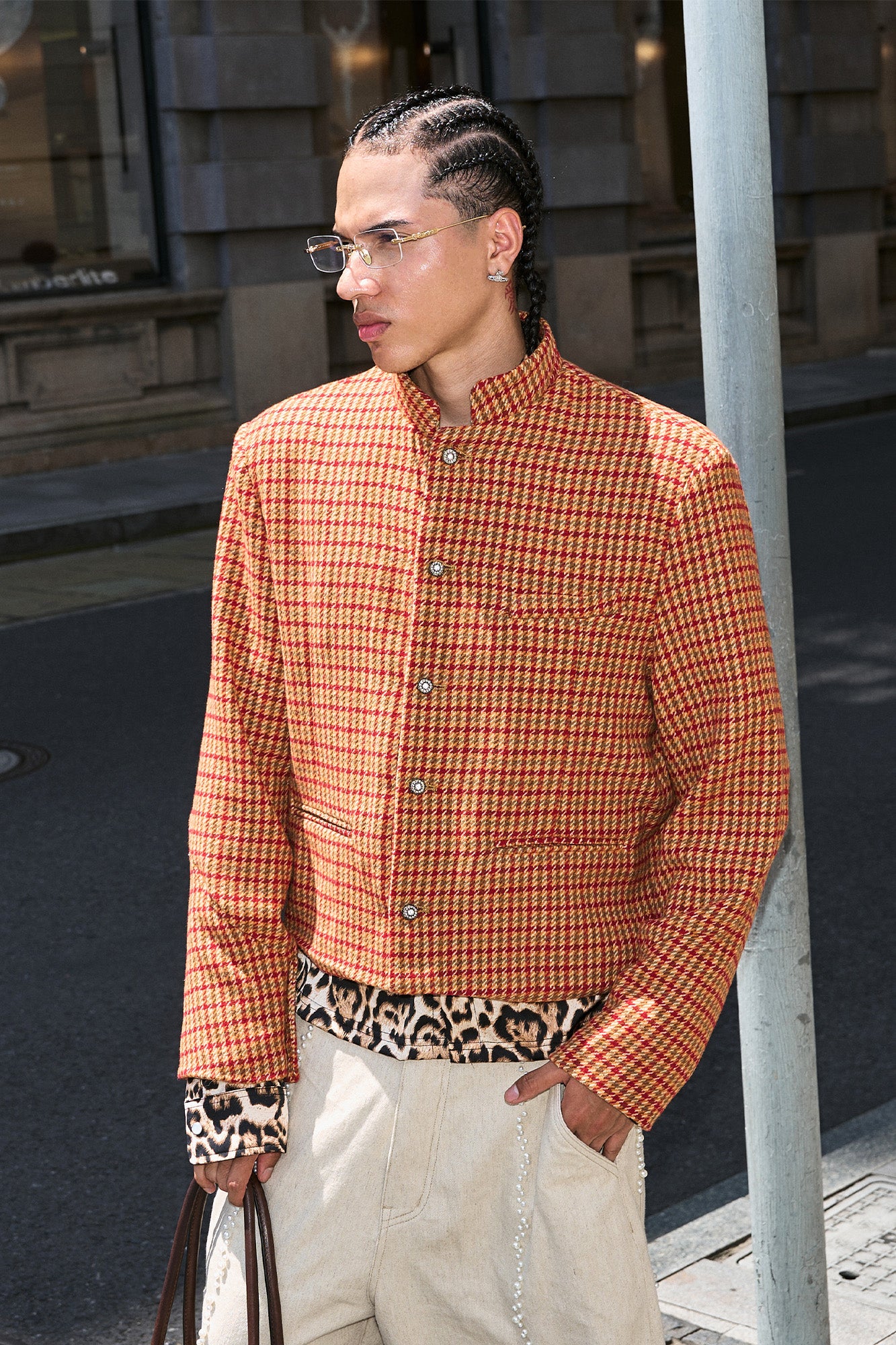 STEEPC Houndstooth Wool-Blend Stand-Collar Boxy Blazer