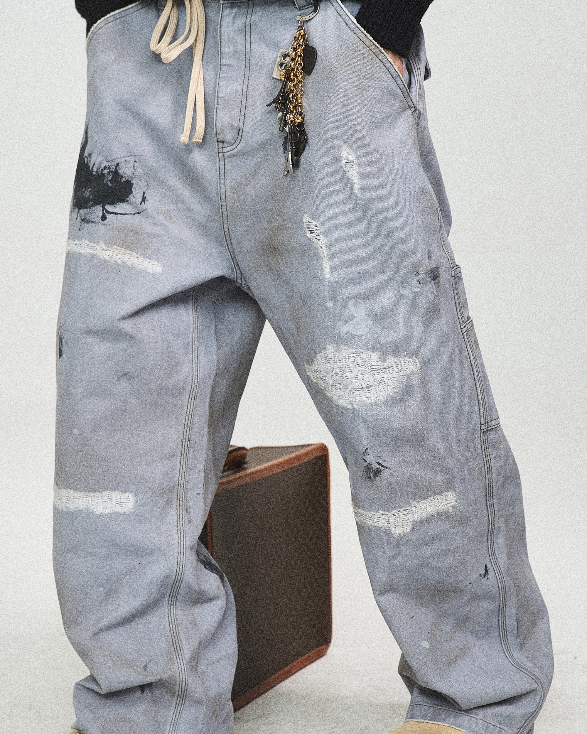 STEEPC Distressed Spliced Wide-Leg Pant