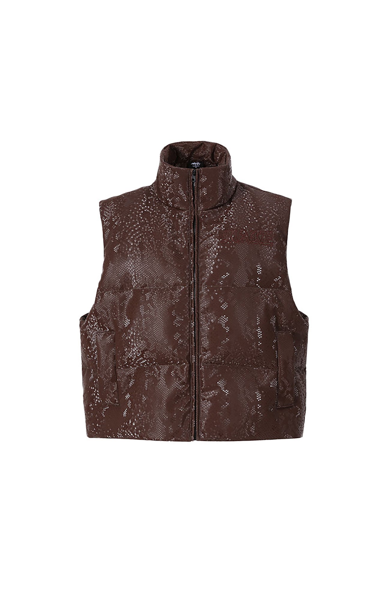 MAKEMORE Scale-Textured PU Embroidered Puffer Vest