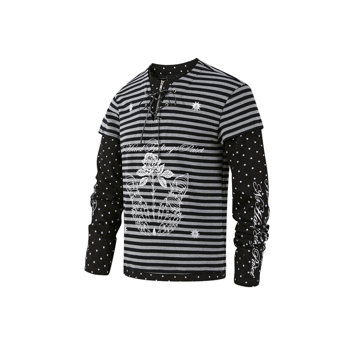 PASET Retro Striped Star Graphic Henley Long-Sleeve Tee