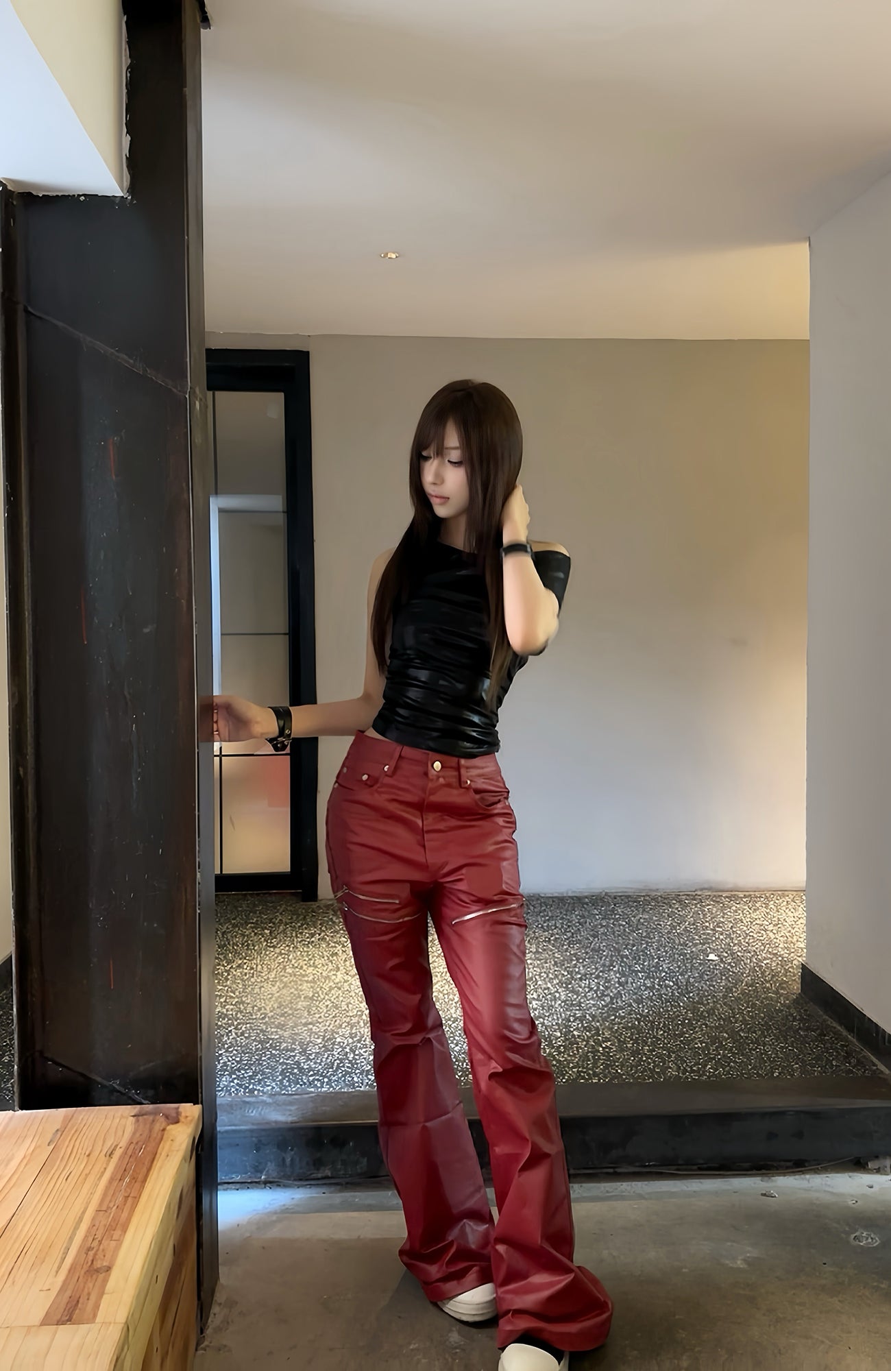 REBEL WAVE Zipper Knee Faux Leather Flared Jeans