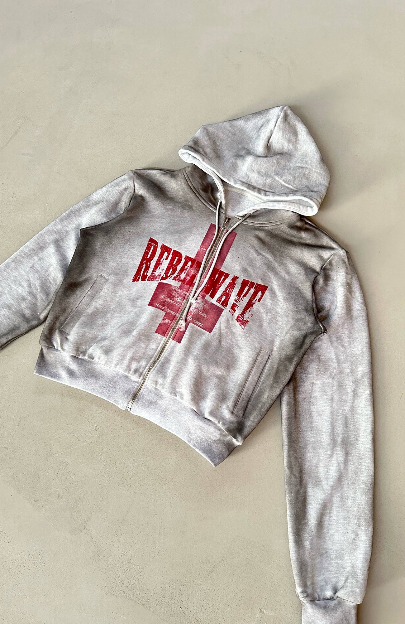 REBEL WAVE Dirty Wash Cross Graphic Zip-Up Hoodie