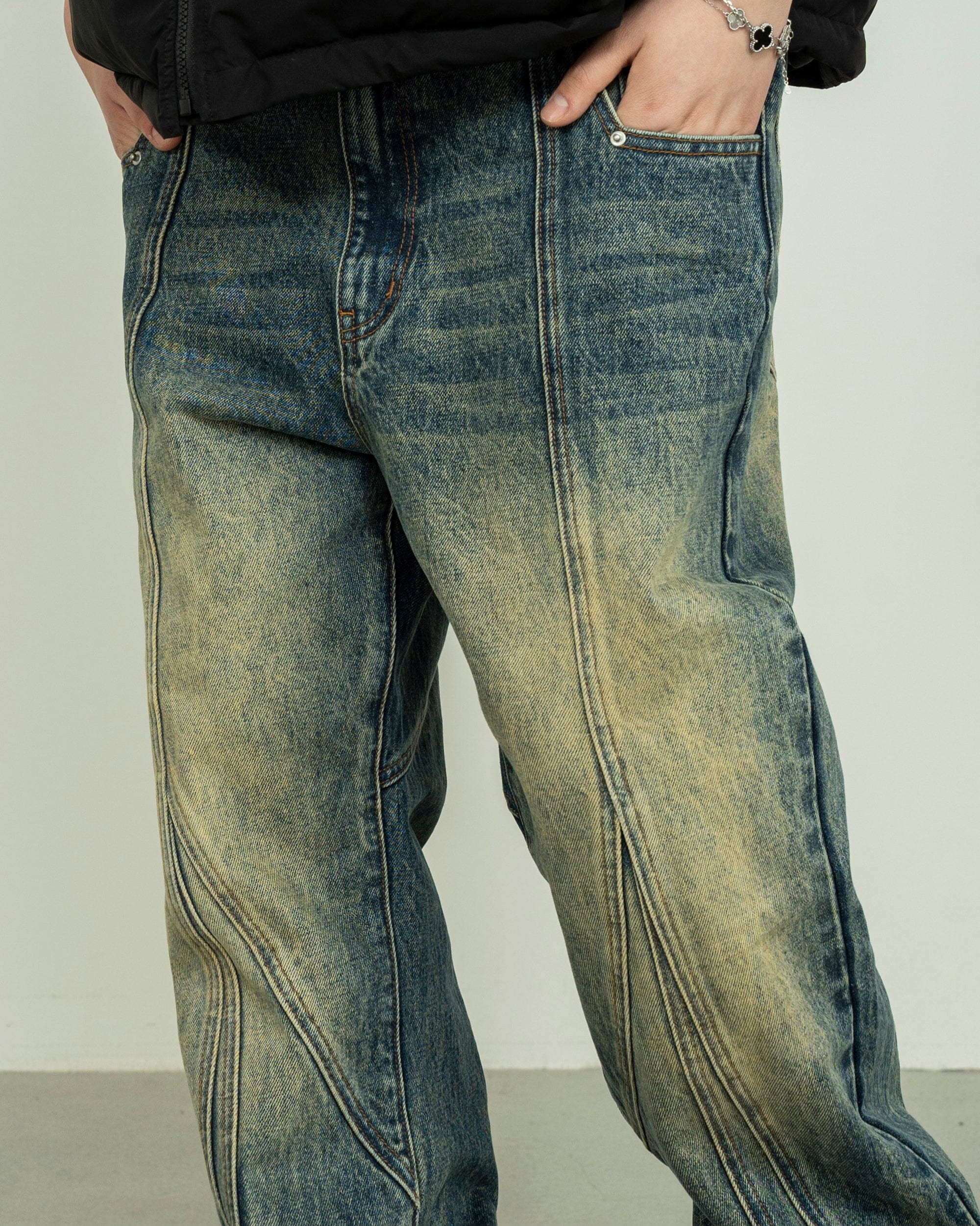 MAKEMORE Deconstructed Washed Rivet Jeans, premium urban and streetwear designers apparel on PROJECTISR.com, MAKEMORE